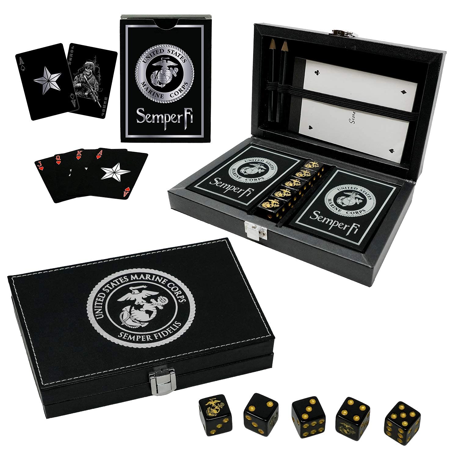 Military Gift Shop Marine Corps Playing Cards and Dice Set - Black Leather Keepsake Box, Playing Cards with USMC Rank Insignia, EGA Dice | USMC B&S