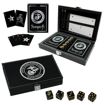 Military Gift Shop Marine Corps Playing Cards and Dice Set - Black Leather Keepsake Box, Playing Cards with USMC Rank Insignia, EGA Dice | USMC B&S