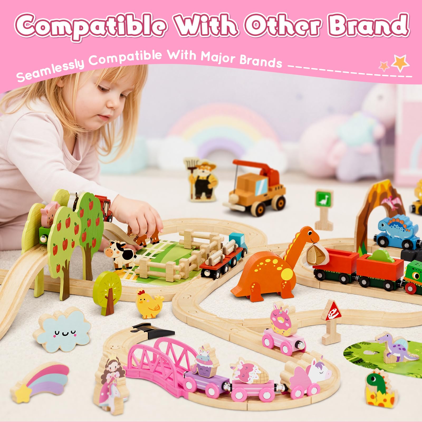 Lehoo Castle Wooden Train Set for Girls, Unicorn Train Set for Toddlers 2-4, Wooden Train Track with Storage Bag, Pink Train Fantasy Toys for 3 Year