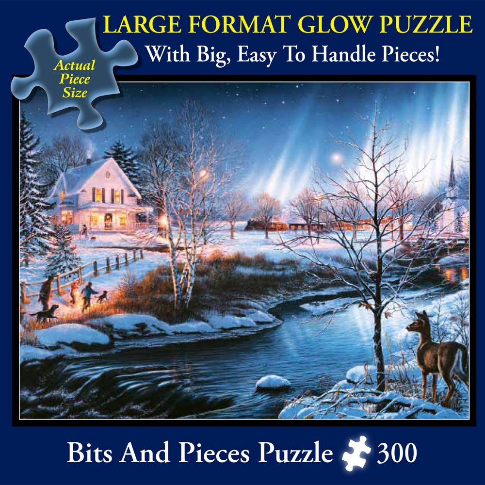 Bits and Pieces - Large 300 Piece Glow in The Dark Jigsaw Puzzle for Adults - All is Bright by Artist James Meger - Winter Holiday Landscape Jigsaw