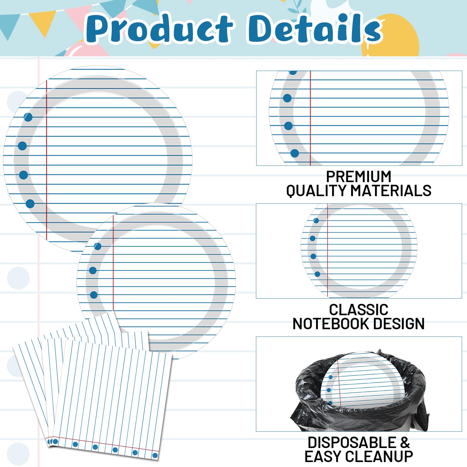 100 Pcs Back to School Party Supplies - Serves 25, Notebook Lined Paper Disposable Tableware, Includes Paper Plates, Napkins, and Plastic Forks