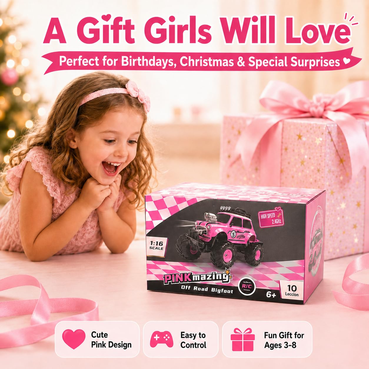 10Leccion Pink RC Monster Truck for Girls Ages 3-8
