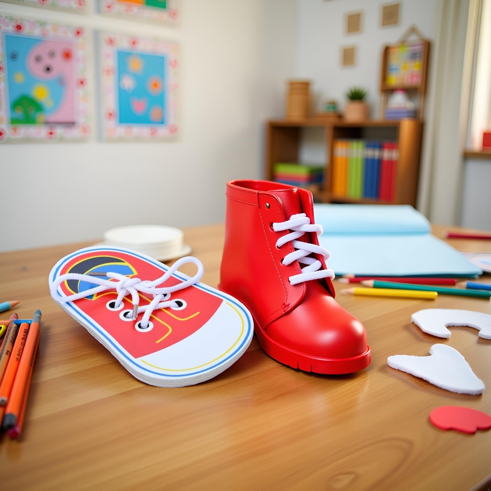 Labriciyon 1Pc Red Shoes Learning Decor Kits,Learn to Tie Your Own Shoes,Practical Learning Decor for Person,Training Board Early Wooden Threading
