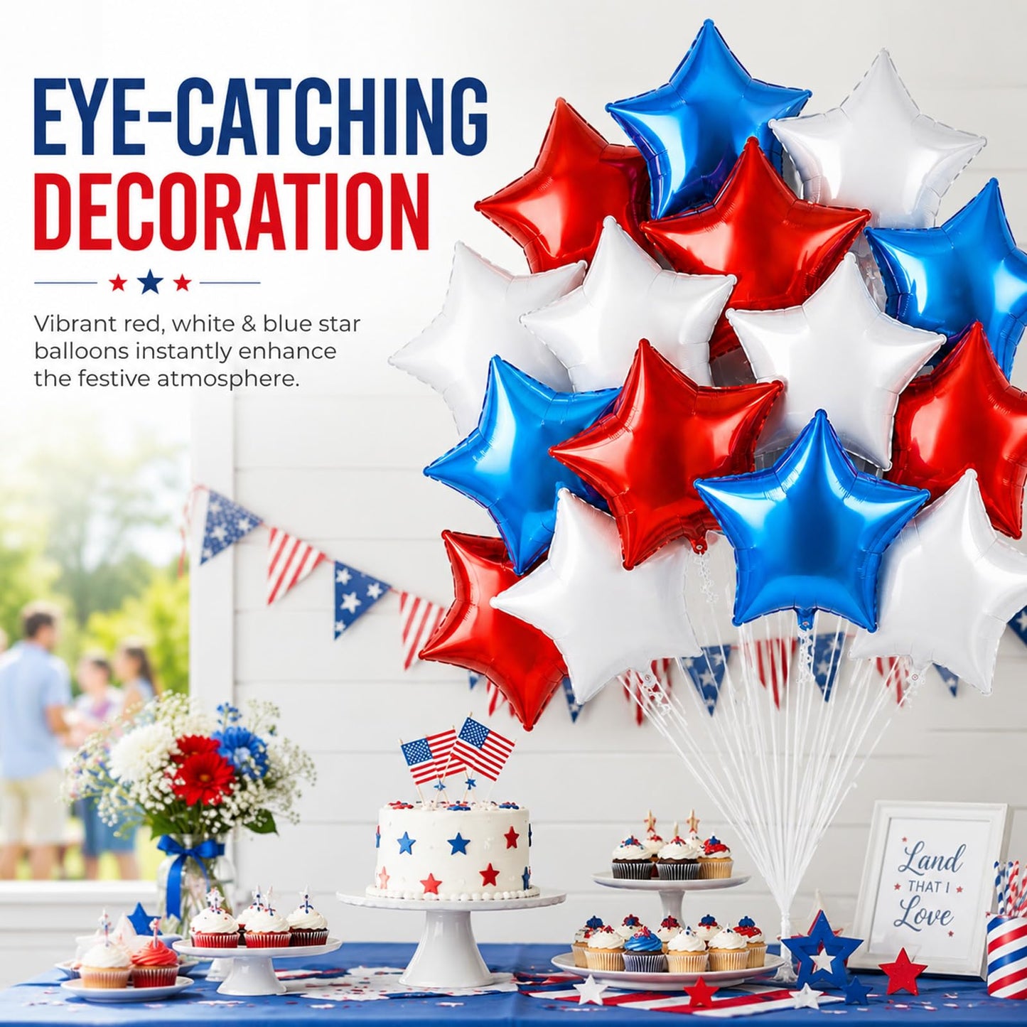 18 Pieces 18 Inches Red White Blue Stars Balloons, USA Themed Aluminum Foil Balloons for 4th of July, Independence Day Patriotic Birthday Party