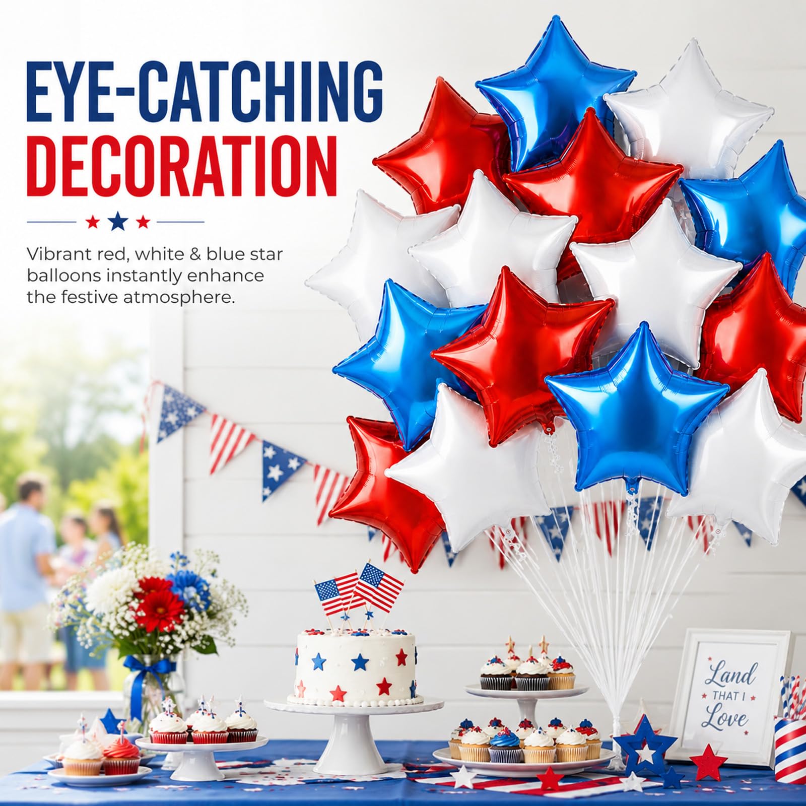 18 Pieces 18 Inches Red White Blue Stars Balloons, USA Themed Aluminum Foil Balloons for 4th of July, Independence Day Patriotic Birthday Party