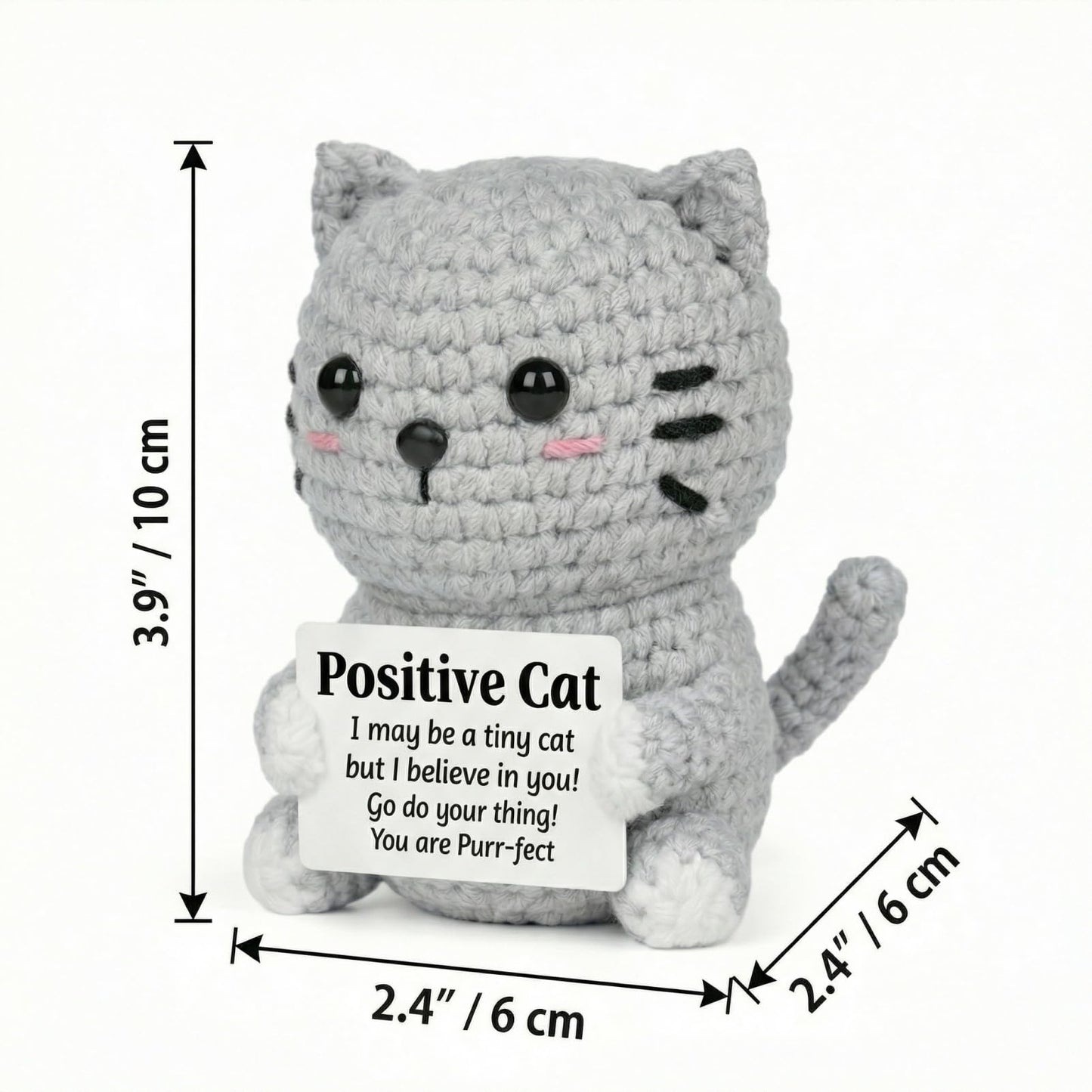 ZZOZPOP Positive Cat Plush with Encouraging Sign, Crochet Gift of Support for Women, Uplifting Sister Friendship Present, Gray Message Holder Toy