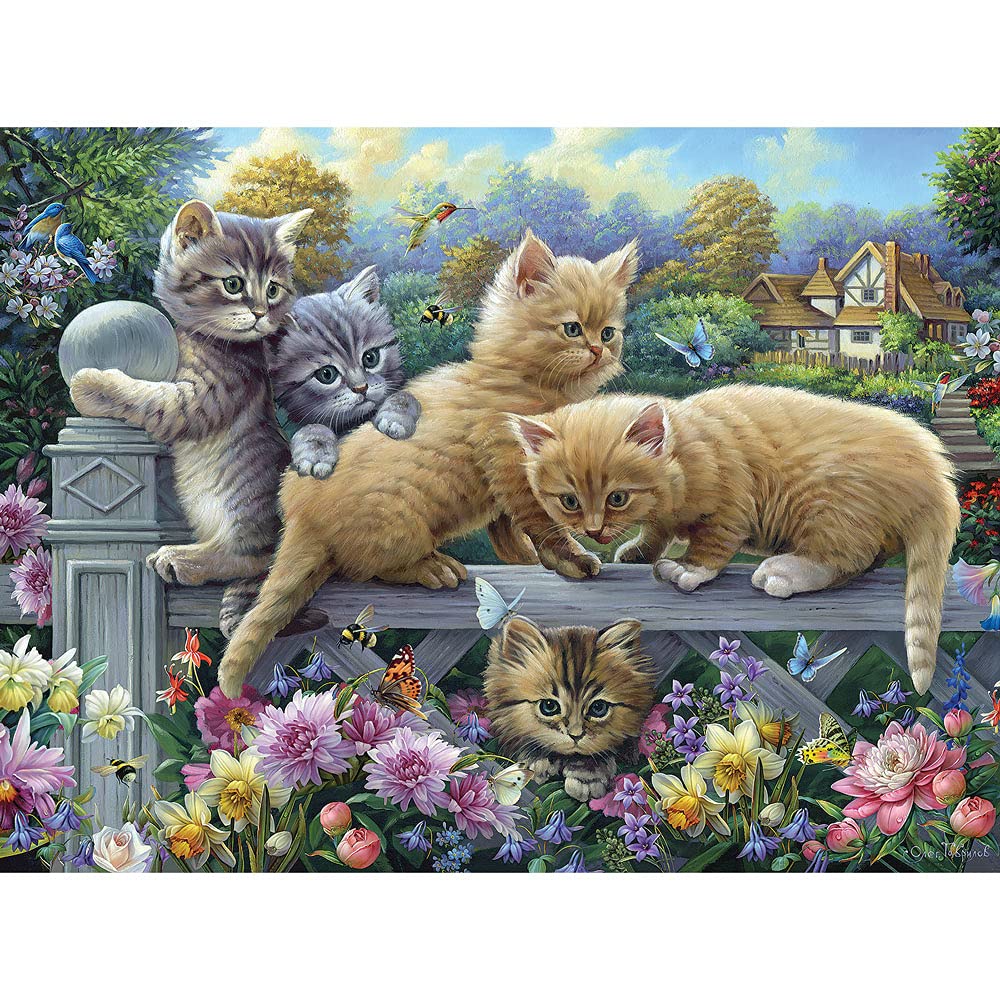 Bits and Pieces - 500 Piece Jigsaw Puzzle for Adults - Kittens On A Fence - Cat Flower Pet Garden Bloom Spring Jigsaw Puzzle by Artist Oleg Gavrilov