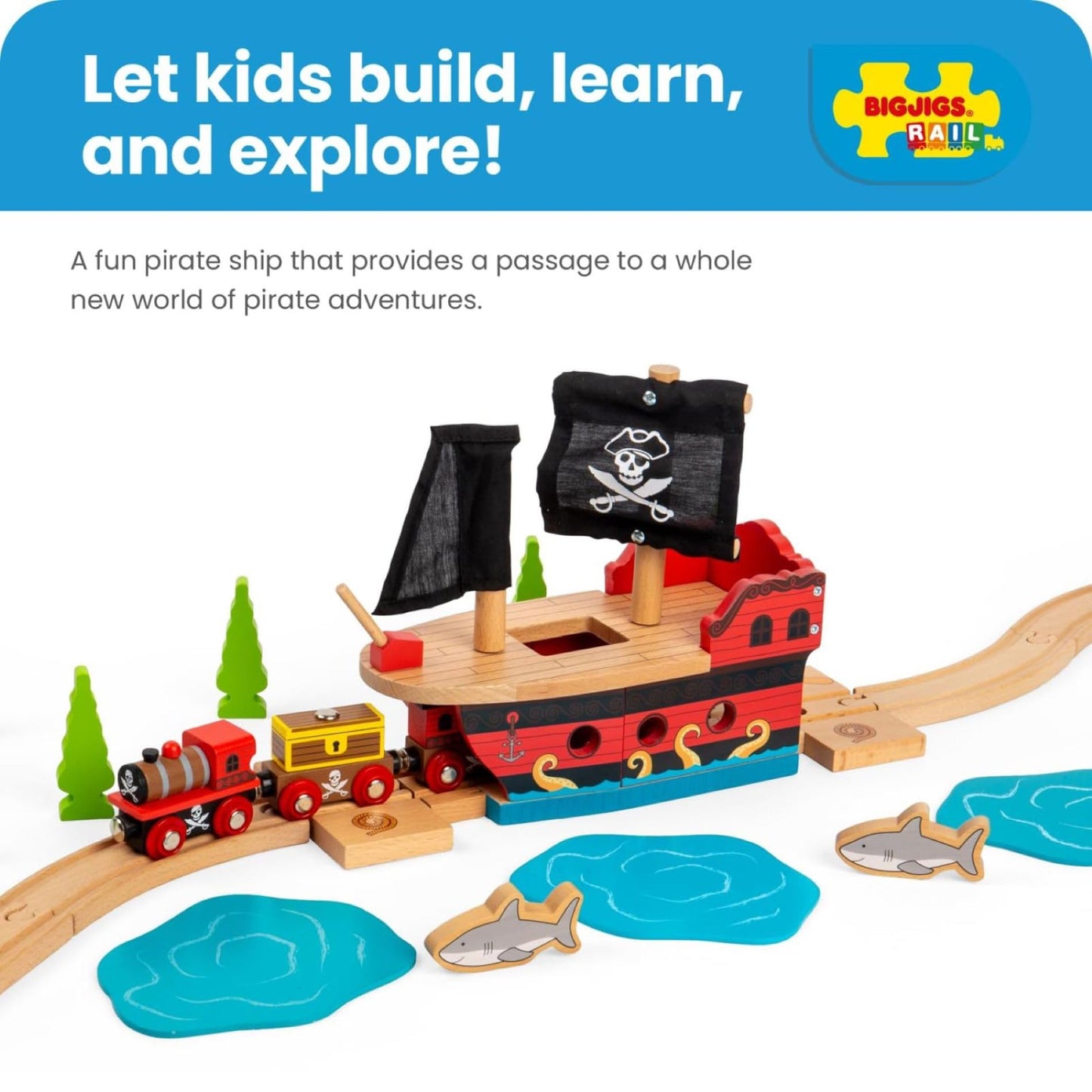 Bigjigs Rail Wooden Pirate Ship Galleon - Pirate Accessories for Wooden Train Sets, Bigjigs Train Accessories, Pirate Ship Toys for Kids, Wooden Toys