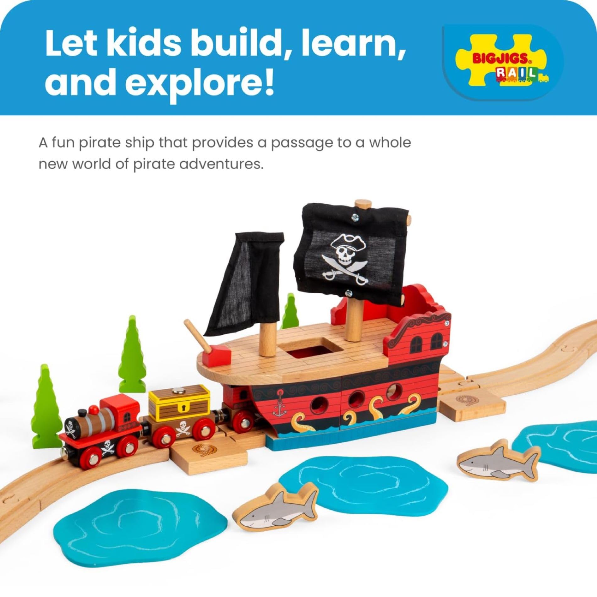 Bigjigs Rail Wooden Pirate Ship Galleon - Pirate Accessories for Wooden Train Sets, Bigjigs Train Accessories, Pirate Ship Toys for Kids, Wooden Toys
