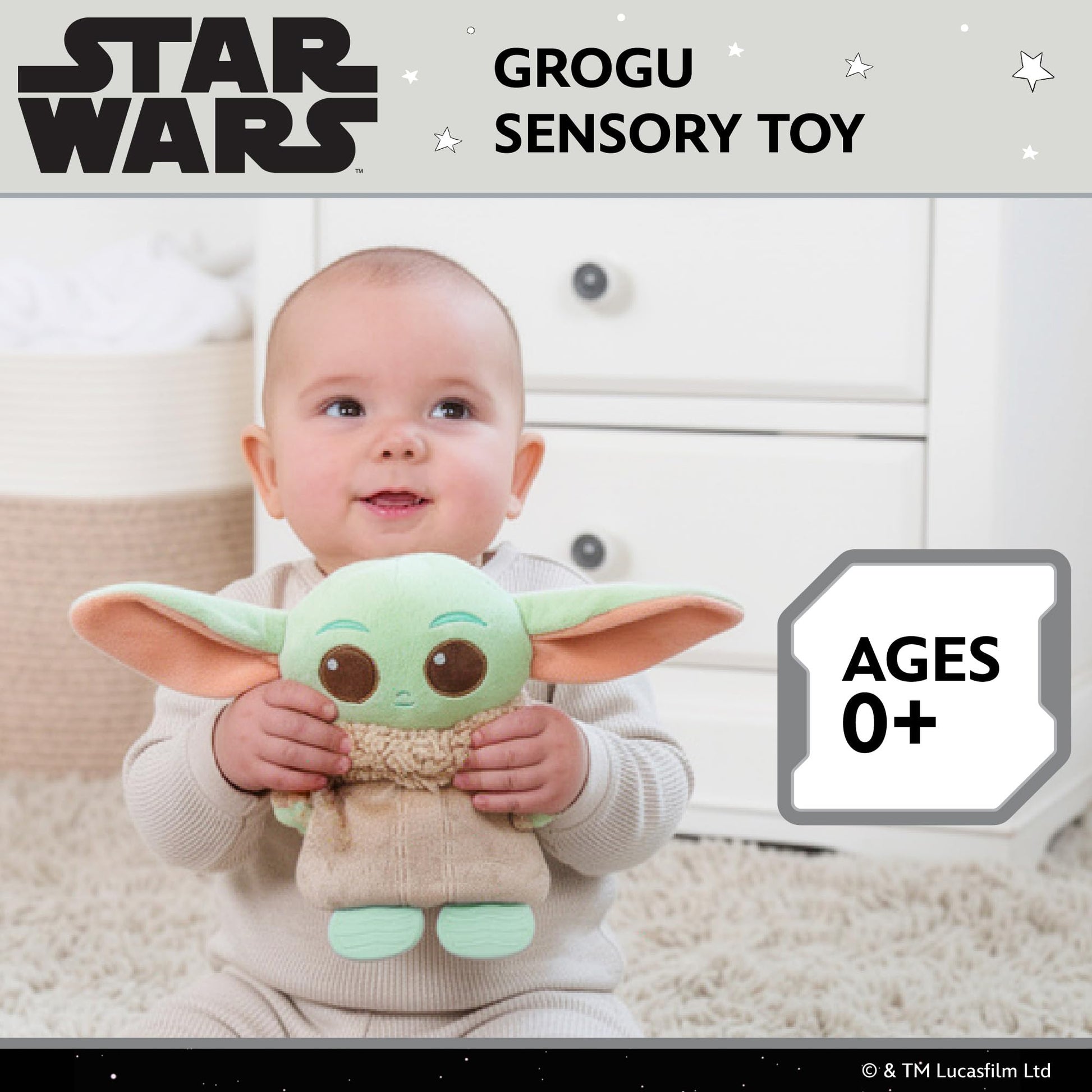 Kids Preferred Star Wars: The Mandalorian Grogu On The Go Sensory Toy - with Teether, Crinkle Sounds, Tactile Ribbons, On The Go Strap, for Ages 0