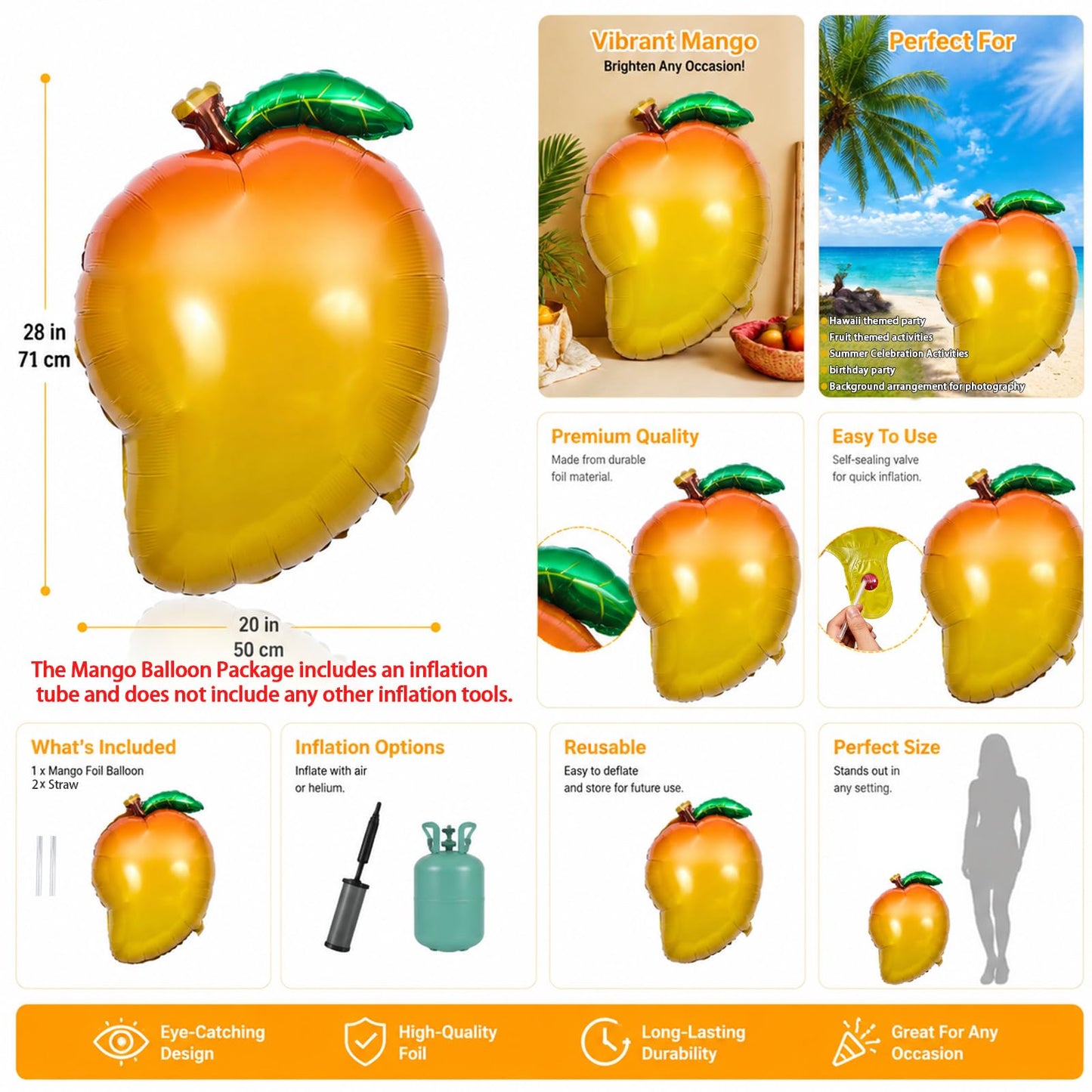 4Pack Mango Balloons - Tropical Party Decorations Mango Mylar Balloons for Fruity Party Decorations, Birthday, Summer, Kids Party & Photo Booth