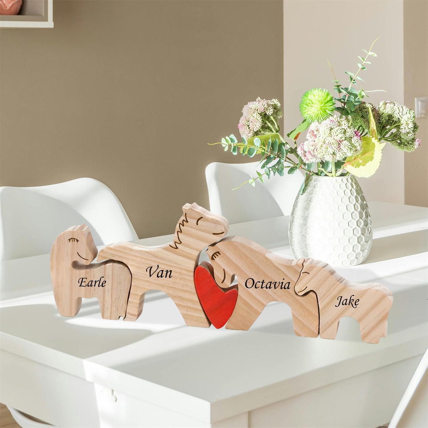 LucySky Personalized Family Name Puzzle - Wooden Pony Puzzle Animal Sculpture Decorative with 2-4 Name, Customized Wooden Gifts for Birthday Christmas