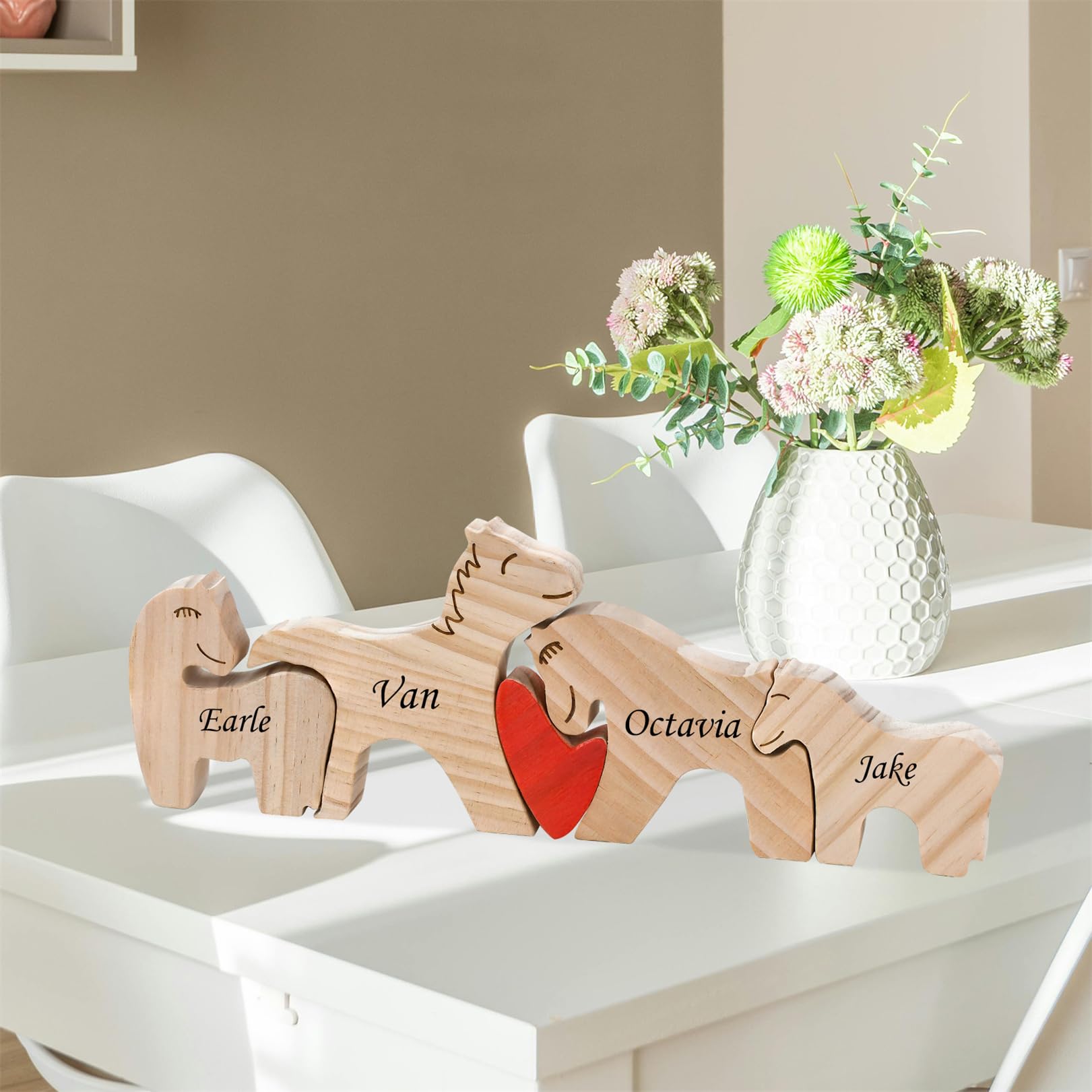 LucySky Personalized Family Name Puzzle - Wooden Pony Puzzle Animal Sculpture Decorative with 2-4 Name, Customized Wooden Gifts for Birthday Christmas