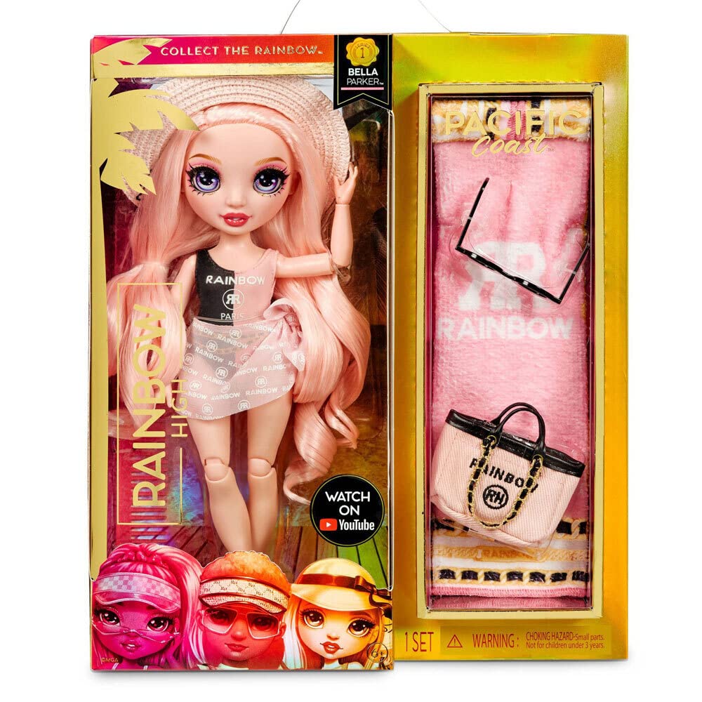 Rainbow High Pacific Coast Bella Parker- Pink Fashion Doll with 2 Designer Outfits, Pool Accessories Playset, Interchangeable Legs, Toys for Kids, for