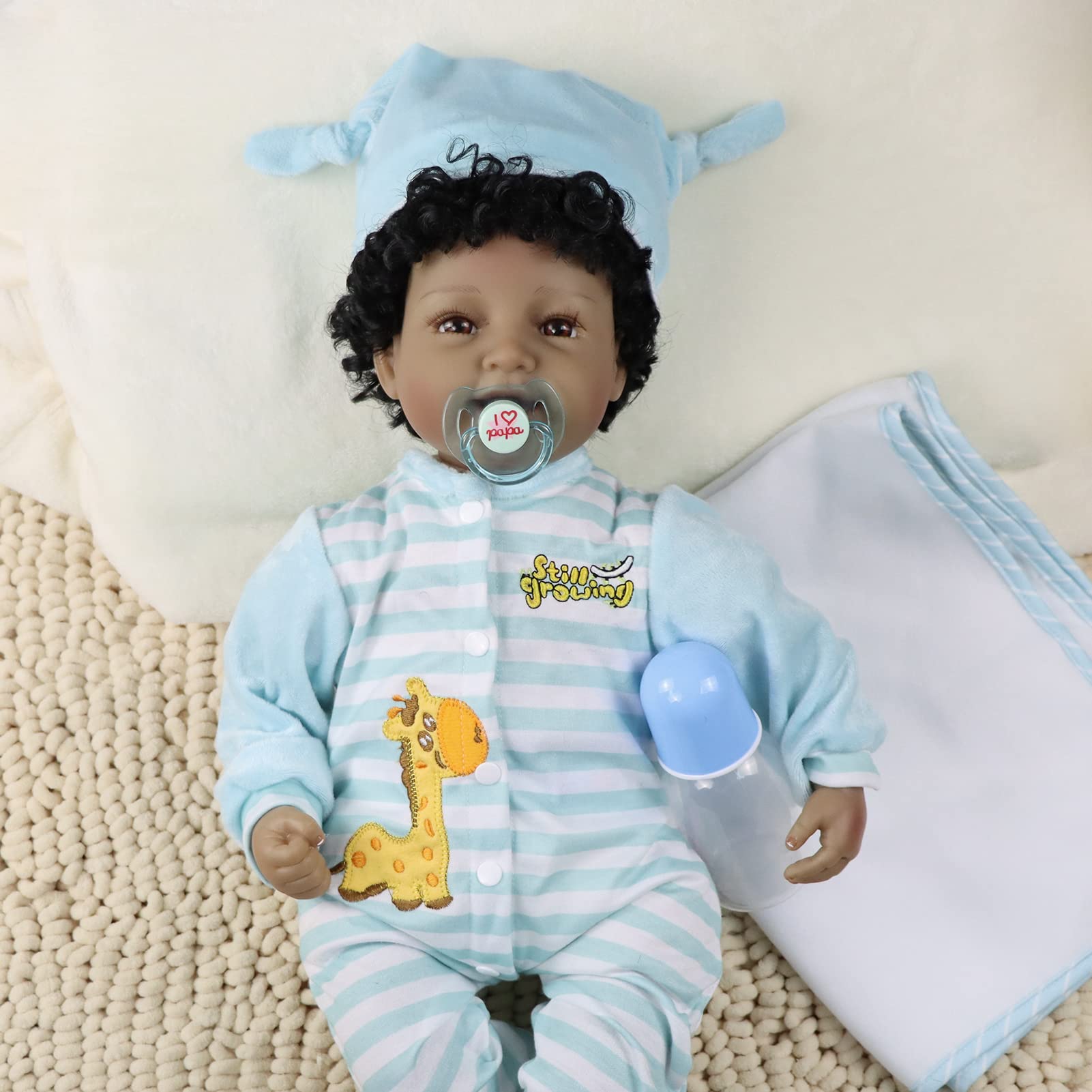 JRLCGYP 22" African American Baby Doll, Realistic Black Reborn Baby Dolls Silicone Vinyl Babydoll, Lifelike Soft Cloth Body Boy Doll, Birthday Set for
