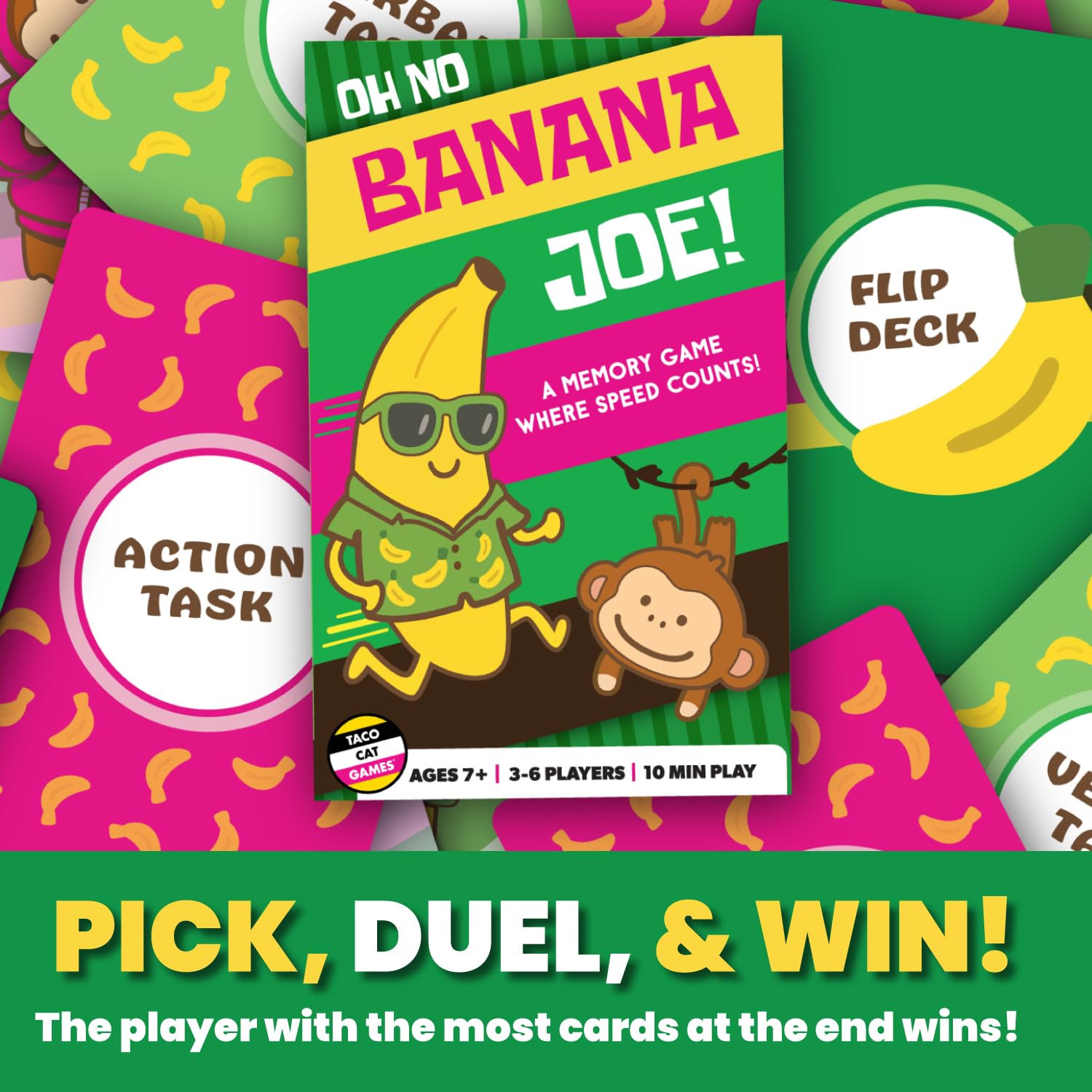 Oh No Banana Joe! Memory Speed Card Game by Taco Cat Games | Duel Card Game for Kids and Adults with Laugh Out Loud Challenges | Quick 10 Minute Games
