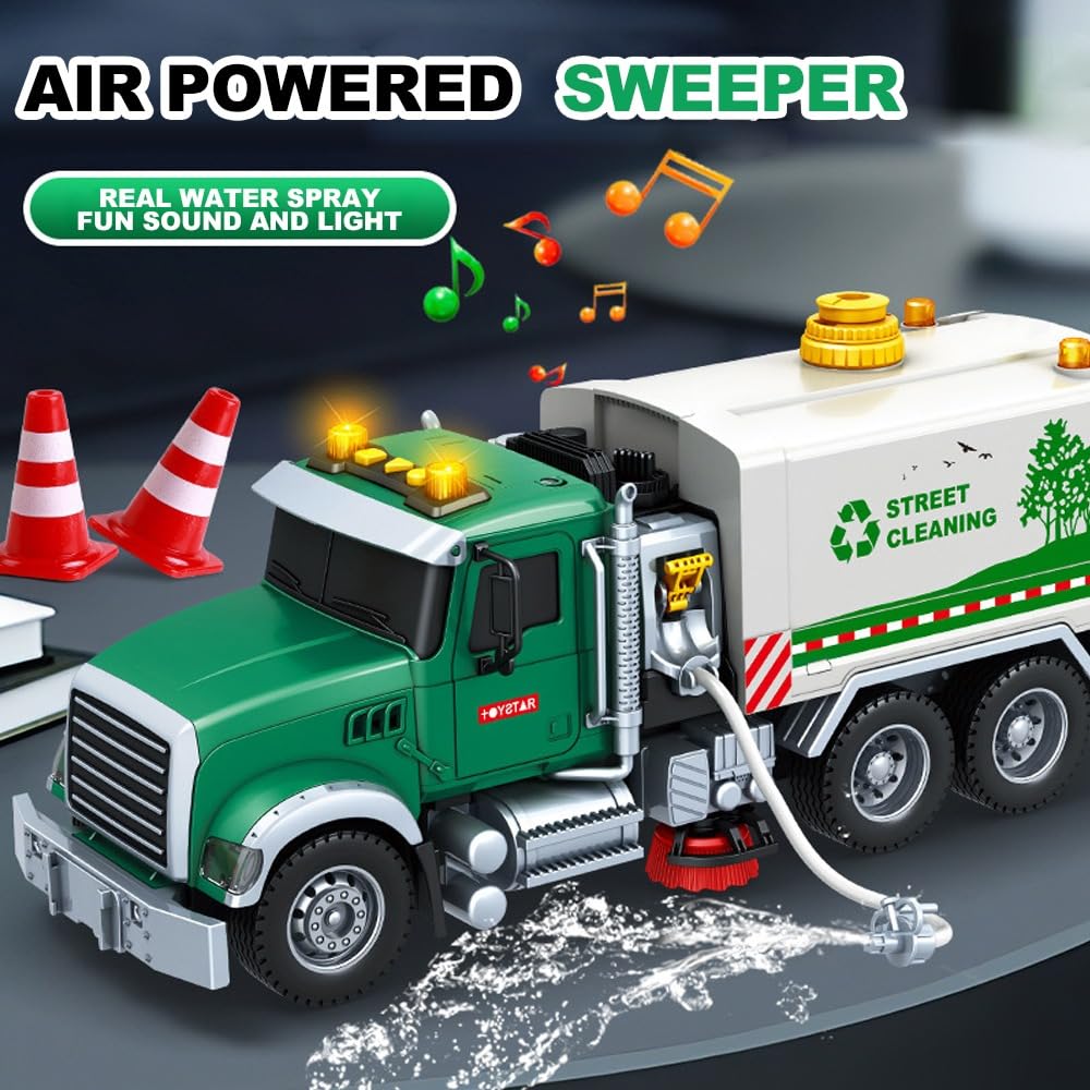 City Cleaning Truck with Real Water Spray | Street Sweeper Toy with Light & Sound Effects | Friction Garbage Truck Toys | Kids Trash Trucks | Holiday