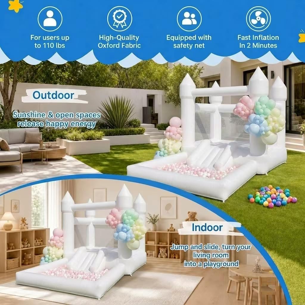 Inflatable White Bounce House Castle - Durable Oxford Material Jumping Bouncer with Blower, Perfect for Kids Birthday Party Indoor & Outdoor(12' L X