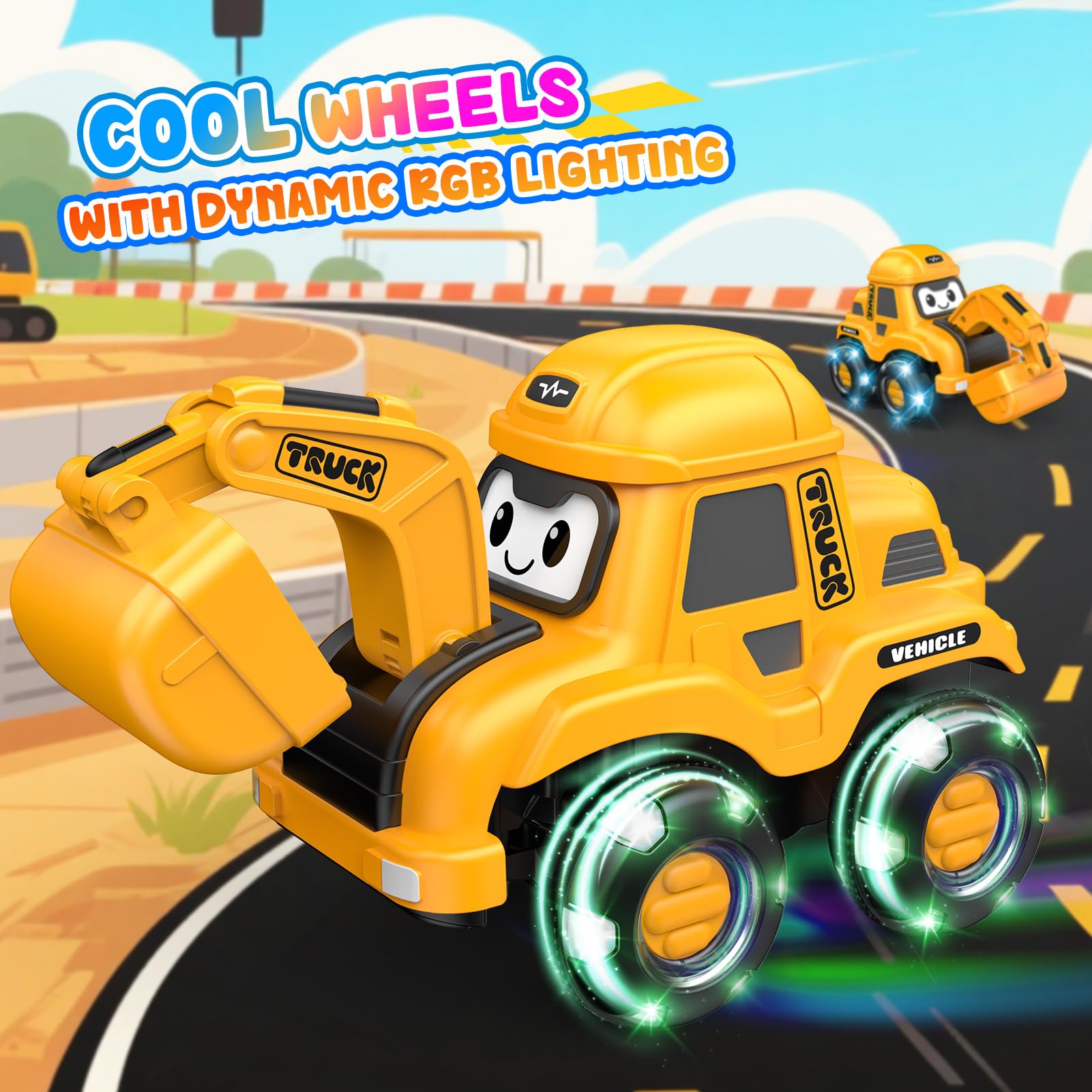 Toyjolka Toddler Remote Control Car with Flashing Light Wheels for 2 3 4 5 6 Year Old Boys Girls, USB Rechargeable Construction Excavator Toy