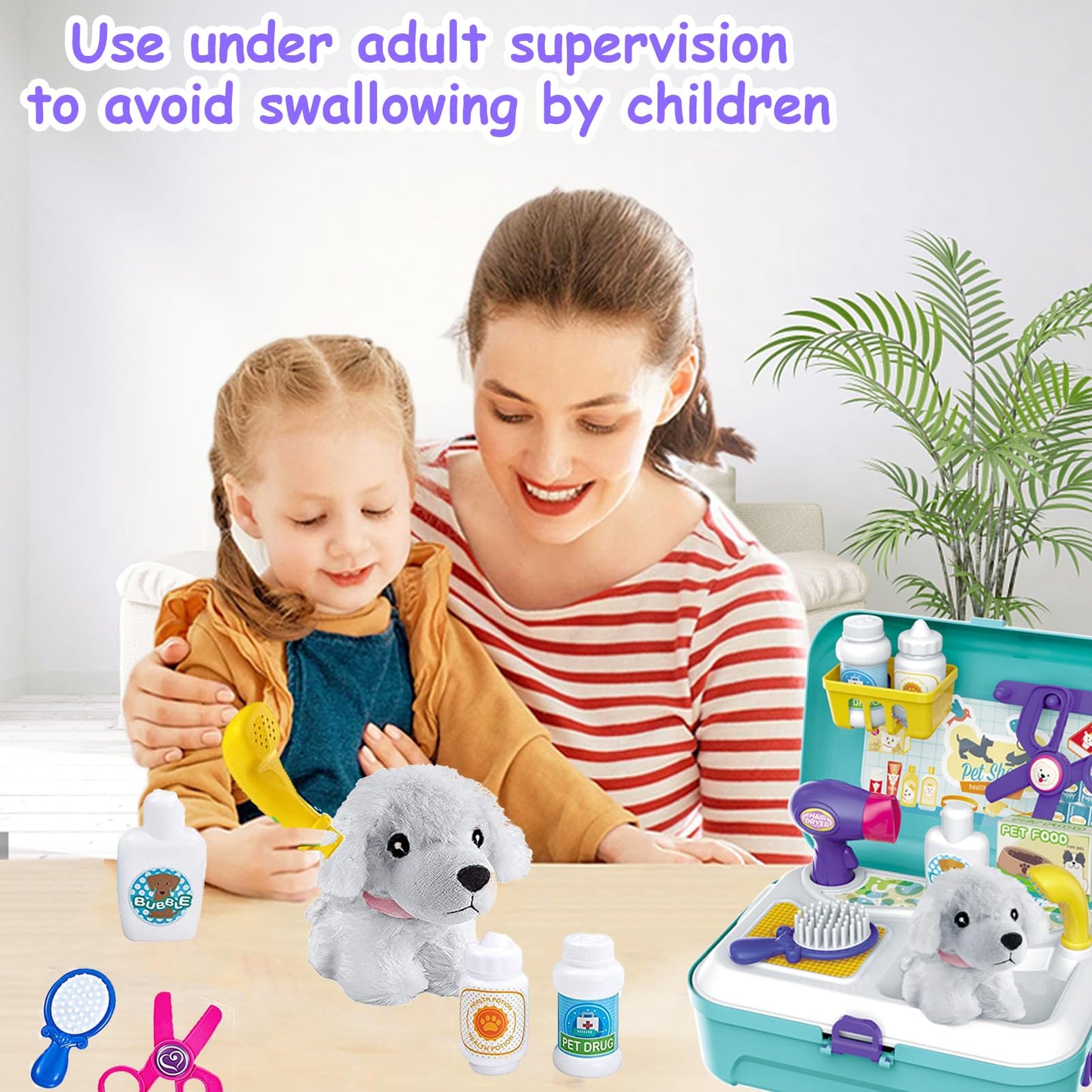 TEUVO Pet Care Play Set Doctor Kit for Kids, 16 Pcs Doctor Pretend Play Vet Dog Grooming Toys Puppy Dog Carrier Feeding Dog Backpack Gifts for Girls