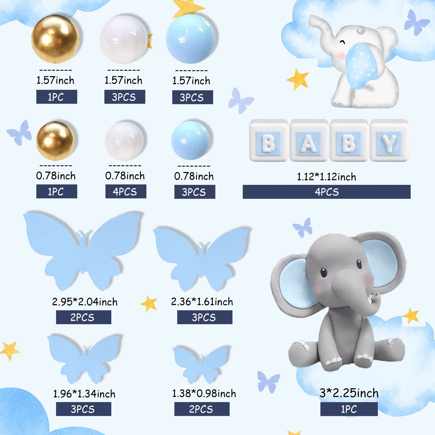 Elephant Cake Decoration Mini Elephant Cake Topper Blue Letter Cake Toppers Gold Blue White Pearl Ball for Elephant Theme Birthday Supplies (BLUE)