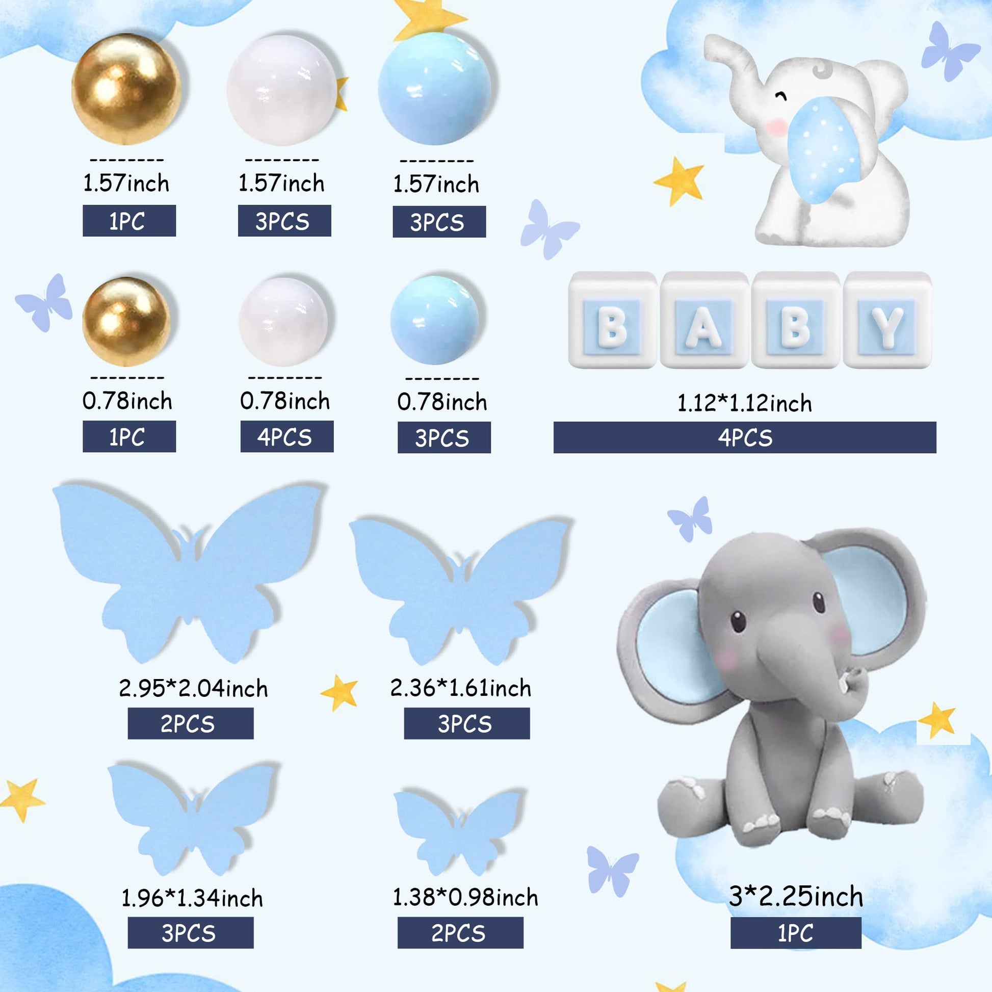 Elephant Cake Decoration Mini Elephant Cake Topper Blue Letter Cake Toppers Gold Blue White Pearl Ball for Elephant Theme Birthday Supplies (BLUE)