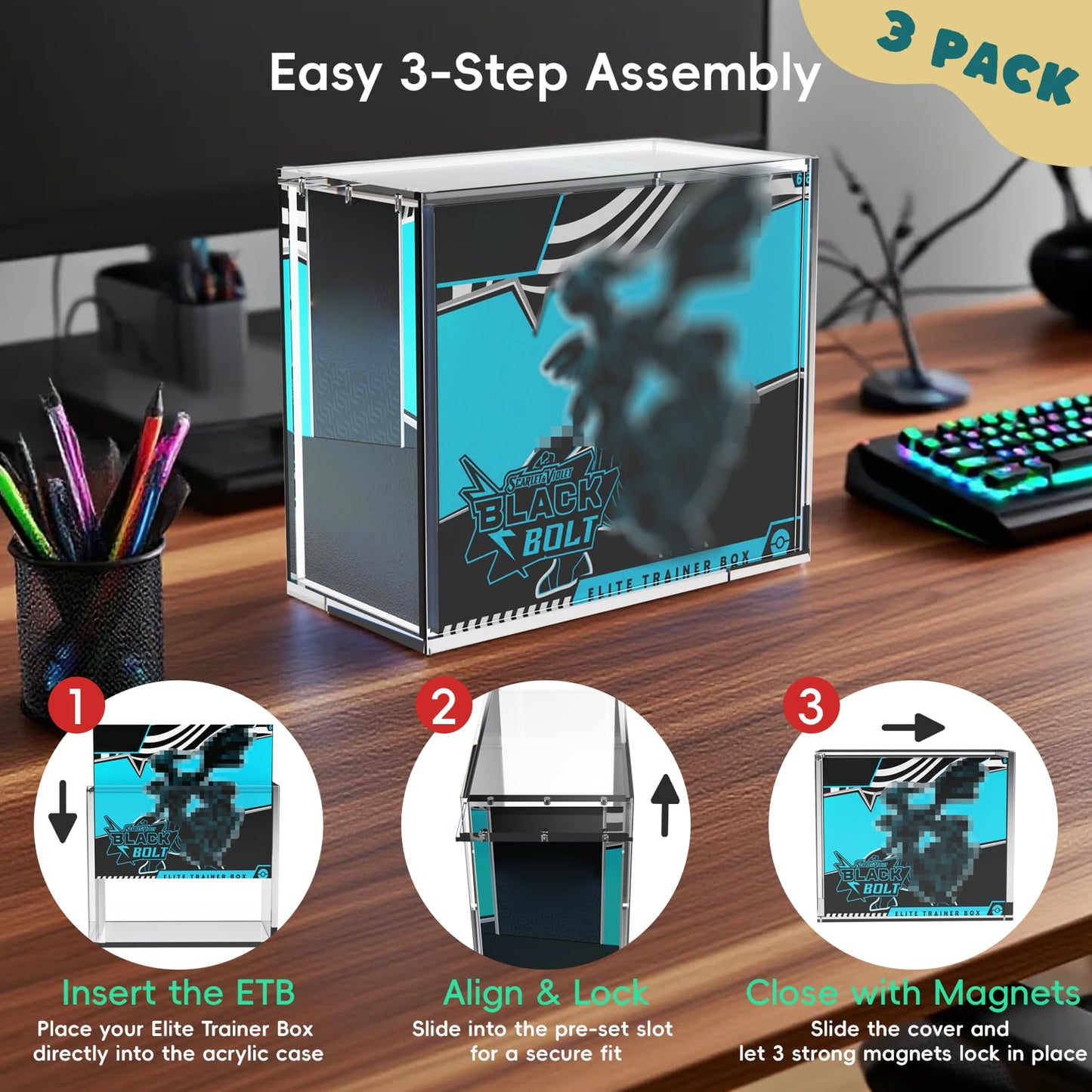 ETB Protector Case 3 Pack, ETB Acrylic Case with Sliding Magnetic Lid