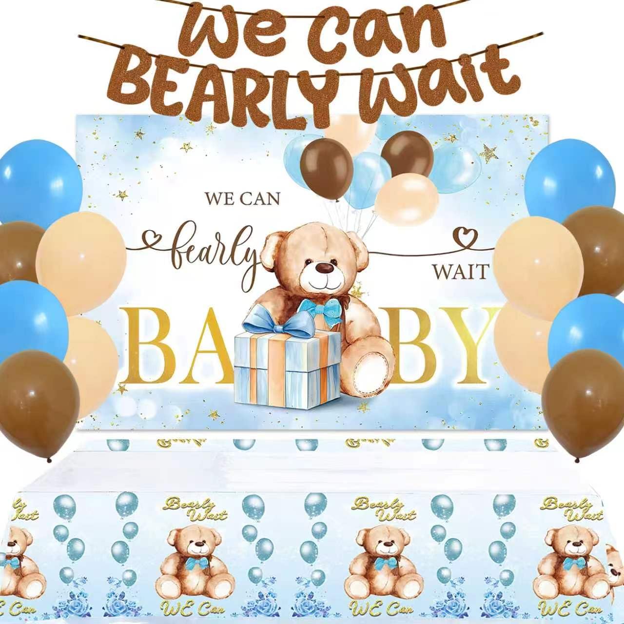 16PCS Blue Bear Baby Shower Decorations Party Supplies Balloon Tablecloth Backdrop Banner Blue and Brown Baby Shower Decorations