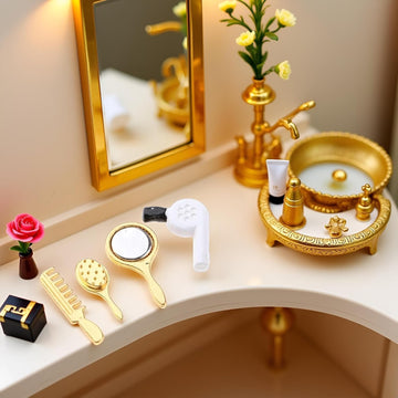 4 Pcs Miniature Bathroom Set with Hair Dryer, Accessories 1:12 Scale Bathroom Comb Mirror Hair Dryer Brush,Furniture Accessories