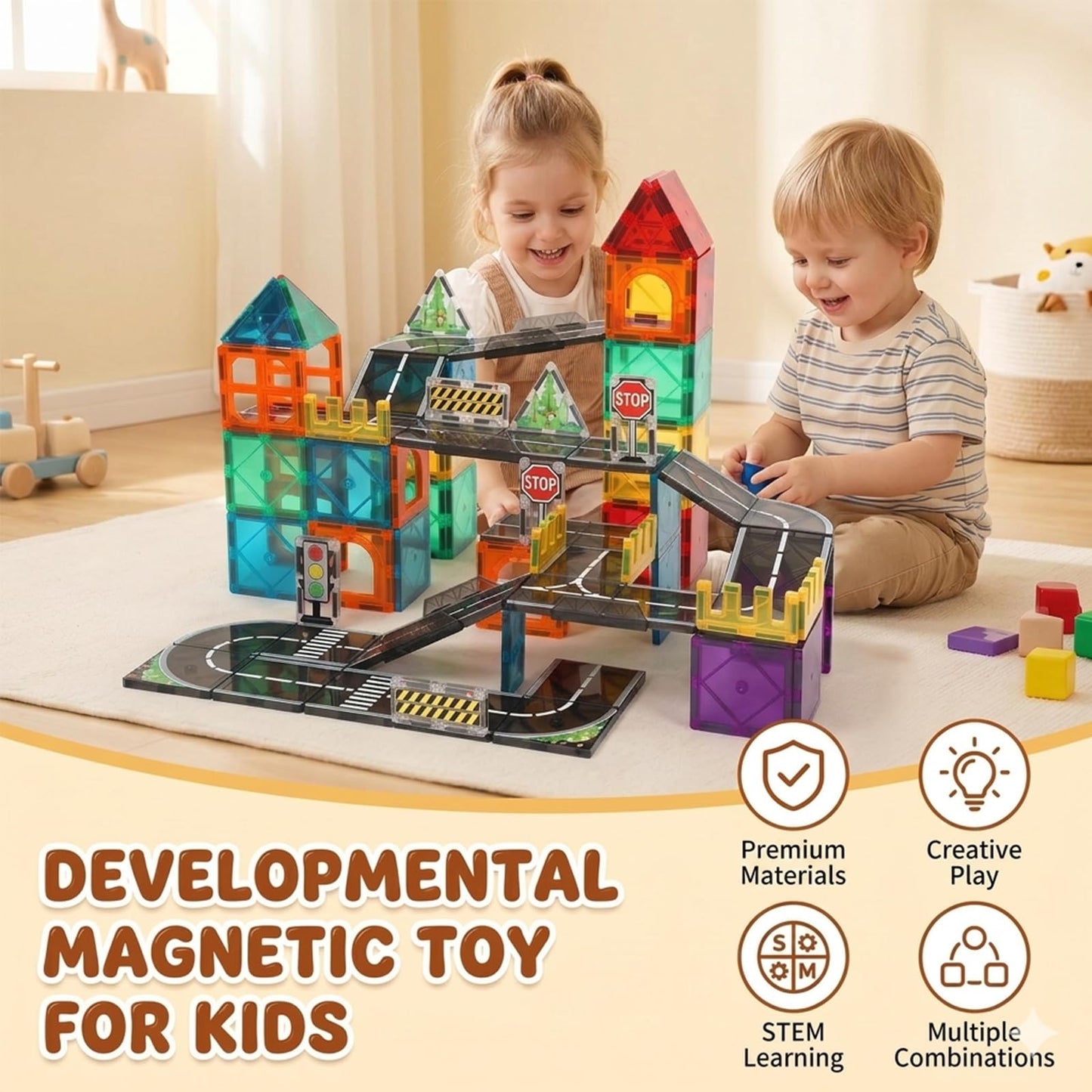 Sylvran Magnetic Tiles Road Set, 89 PCS Magnetic Building Blocks with Roads, Bridges & Ramps, STEM City Building Toys for Kids Ages 3-8, Educational