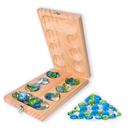 Elbow Room Games Mancala Set, Folding Wooden Board with 48 Glass Stones in Blue, Green, and White, Portable Travel Design, Classic Strategy Game for 2
