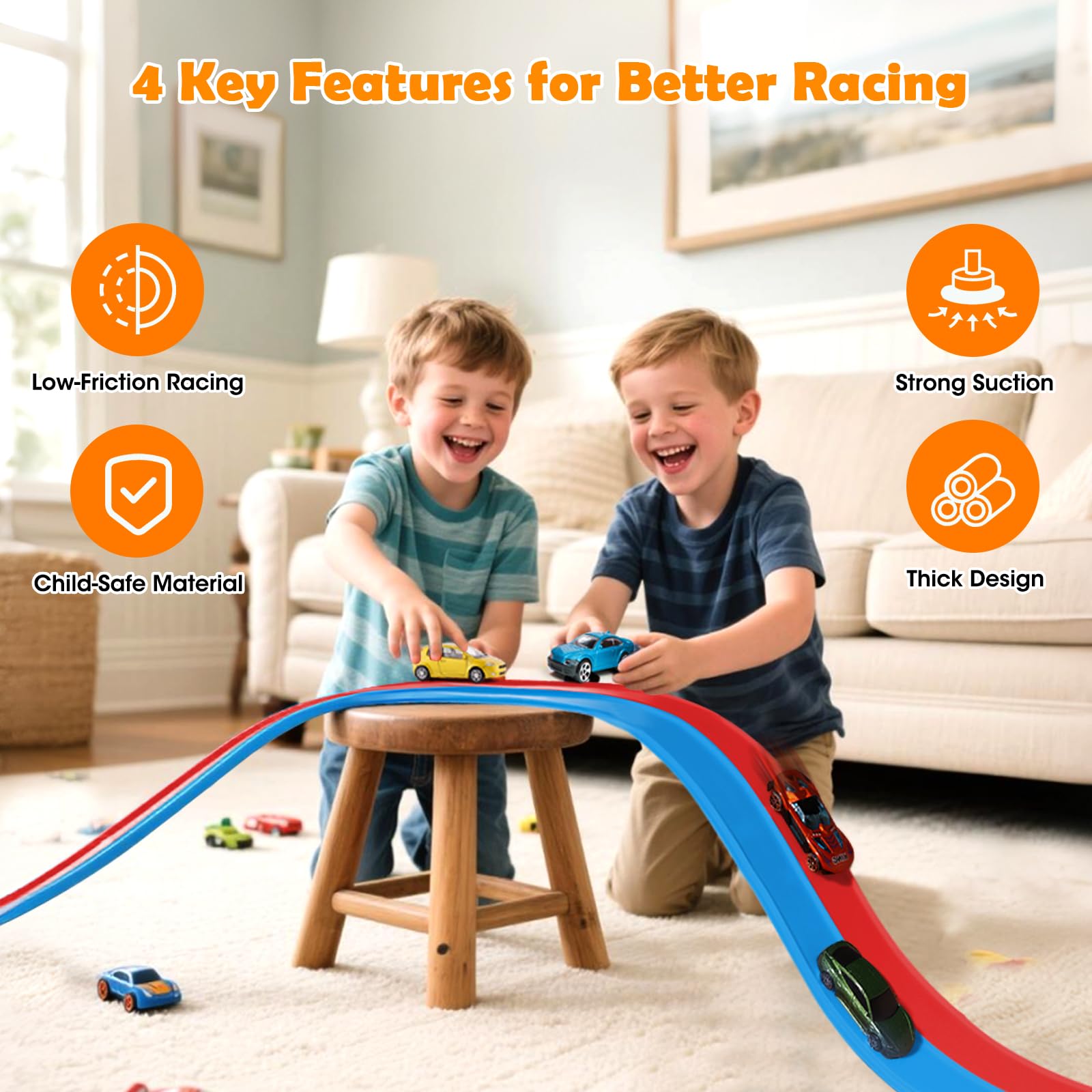15 Ft Flexible Race Track for Kids 3+, Certified Safe Flex Race Car Ramp with Two 1/64 Diecast Cars - Starter Set, Portable Roll-Up Racetrack