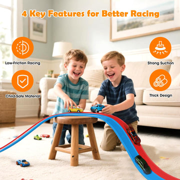 15 Ft Flexible Race Track for Kids 3+, Certified Safe Flex Race Car Ramp with Two 1/64 Diecast Cars - Starter Set, Portable Roll-Up Racetrack
