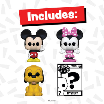 Funko Bitty POP! Disney - Mickey, 4-Pack - Mickey Mouse, Minnie Mouse (Pink Dress), Pluto and A Surprise Mystery Mini Figure - 0.9 Inch (2.2 Cm)