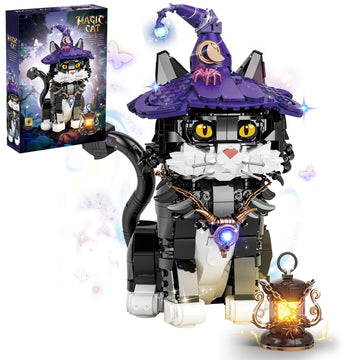 LANGLICHUN Magic Wizard Cat Building Block Set Pieces Unique Animal Cat Model Adults for Teena Creative Collectible Gift Home Office Decor Halloween