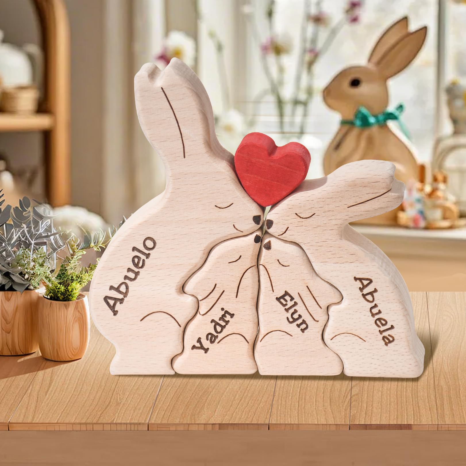JOBFLY Personalized Wooden Bunny Puzzle We are One Family Puzzle Custom Name Sculpture Unique Wooden Decor Gift for Mom/Dad/Family Members House