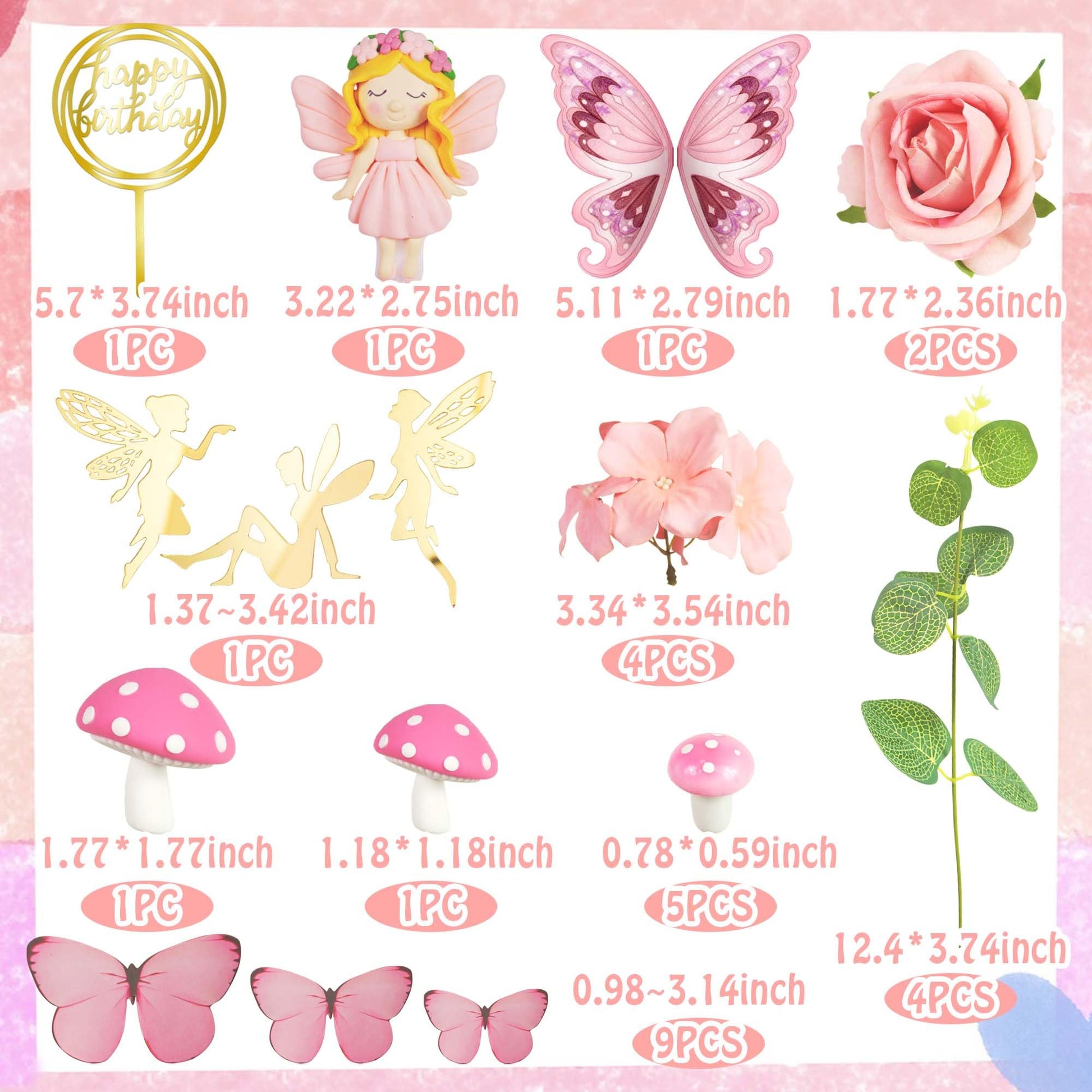 Fairy Cake Toppers Pink Mushroom Flowers Butterfly Cake Decorations for Fairy Spring Garden Birthday Supplies