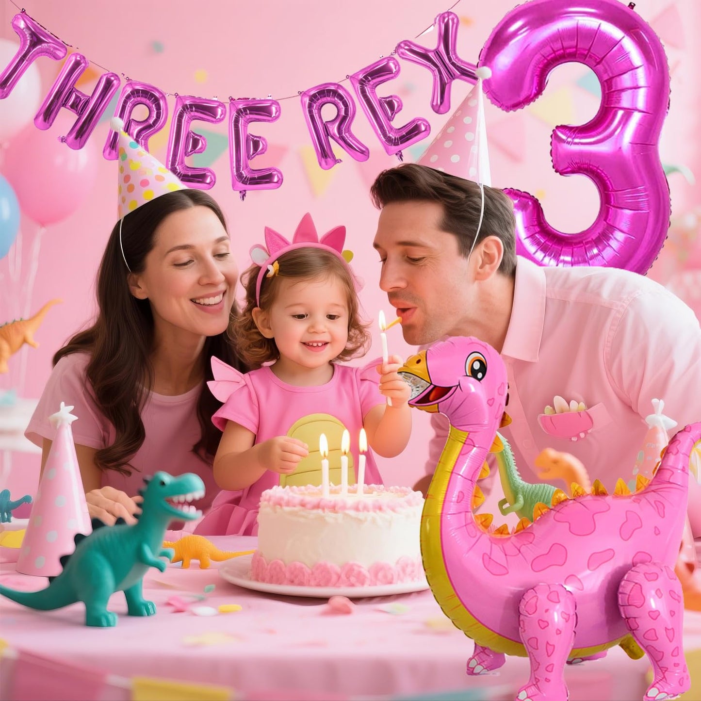 Baby Girl Hot Pink Dinosaur Themed Balloons Three Rex Birthday 4D Dino balloon Party Decorations Dinosaur 3rd Birthday Balloons Party Supplies