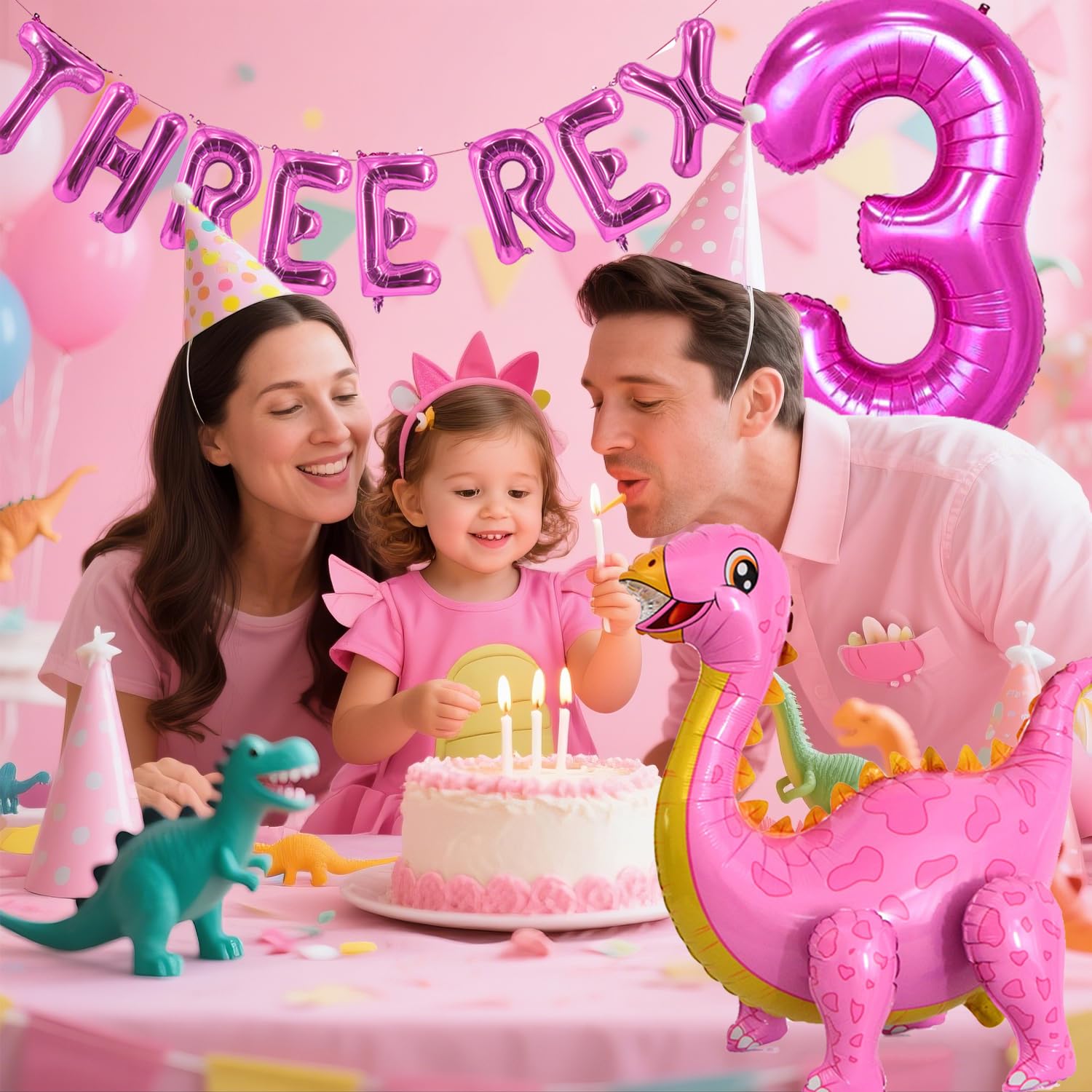 Baby Girl Hot Pink Dinosaur Themed Balloons Three Rex Birthday 4D Dino balloon Party Decorations Dinosaur 3rd Birthday Balloons Party Supplies