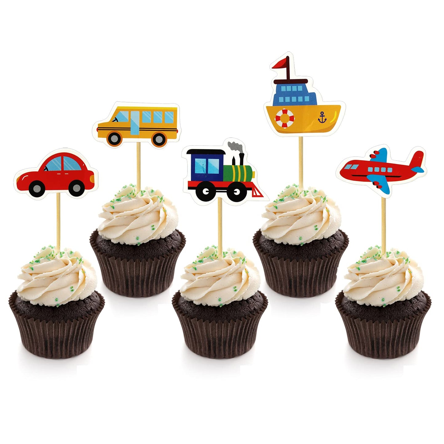 BIEUFBJI Transportation Cupcake Toppers 30 Pack Car Truck Train Airplane Ship Party Cake Toppers Picks for Kids Birthday Baby Shower Party Decorations