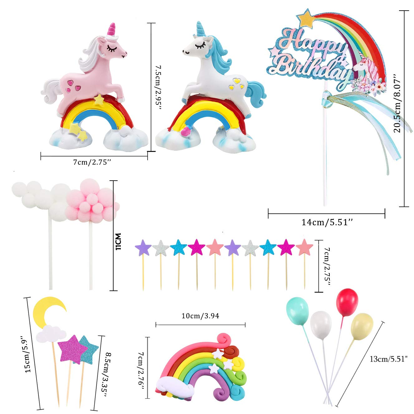 MOVINPE Unicorn Cake Topper, 2 Magic Unicorns Sculpture, 1 Rainbow, 1 Happy Birthday Banner, 2 Cloud, 4 Balloon, 12 Stars, 1 Moon, Cake Decoration