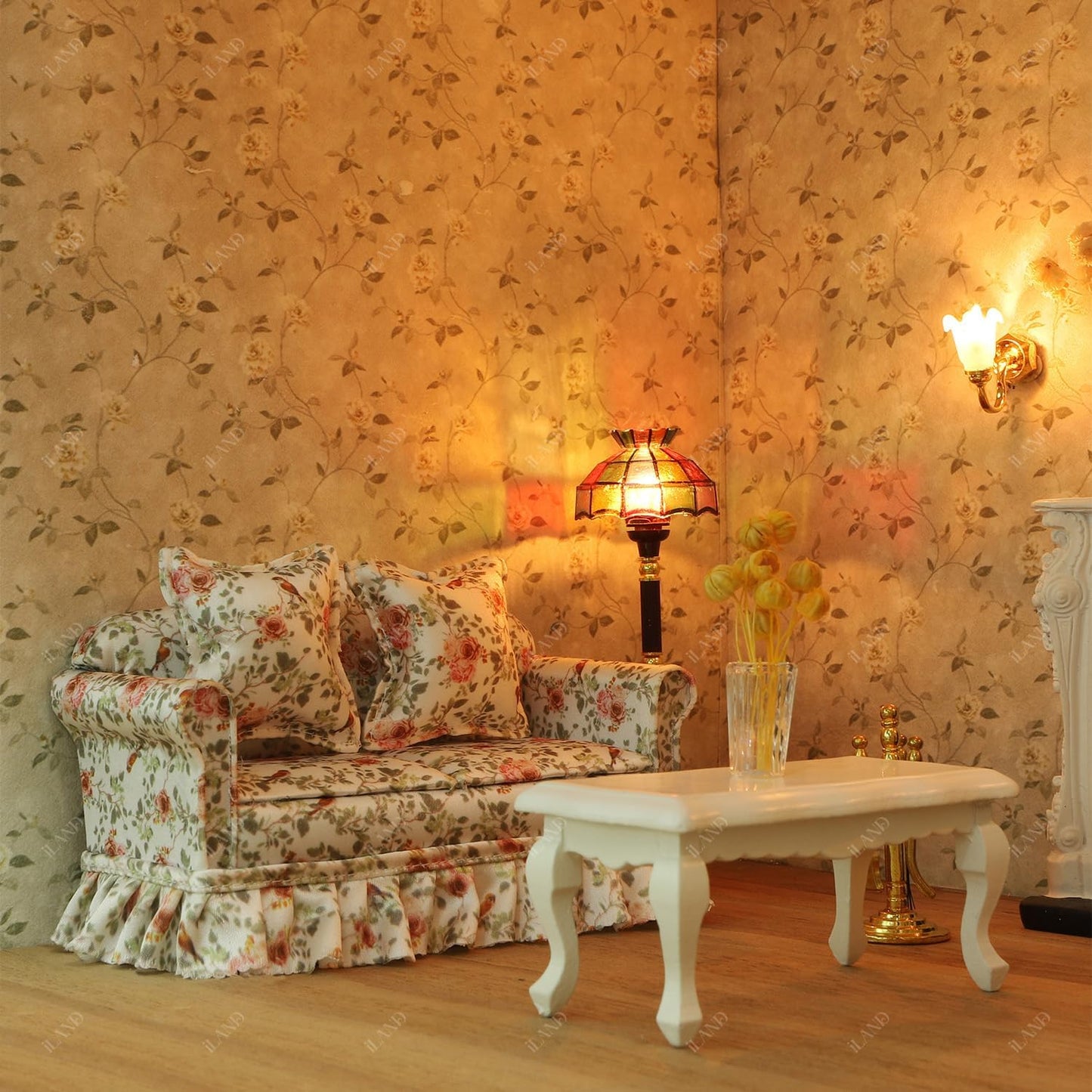 iLAND Dollhouse Furniture of Dollhouse Couch Set, Rose & Bird Pleated Sofa with Wood Coffee Table, Elegant Doll House Accessories and Furniture