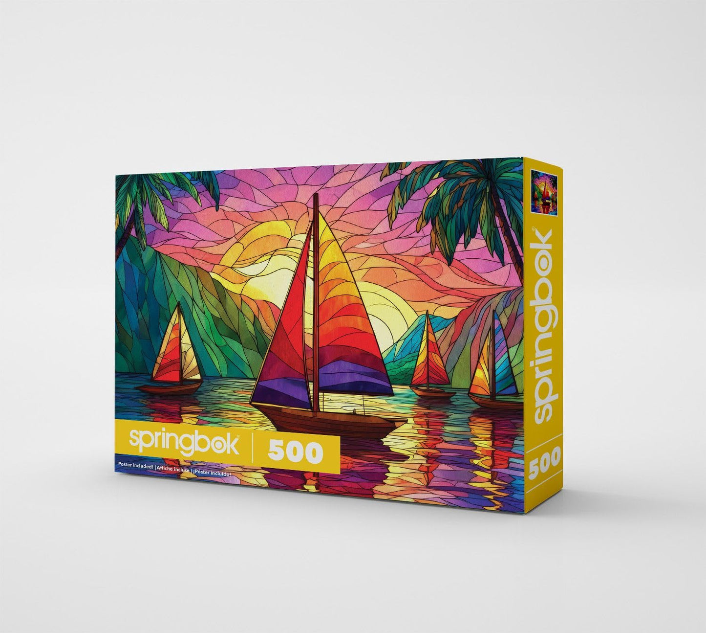 Springbok Tropical Sailing 500 Piece Square Jigsaw Puzzle for Adults - Poster Now Included - Stained Glass Sail Boat - Unique Cut Pieces - Made in USA