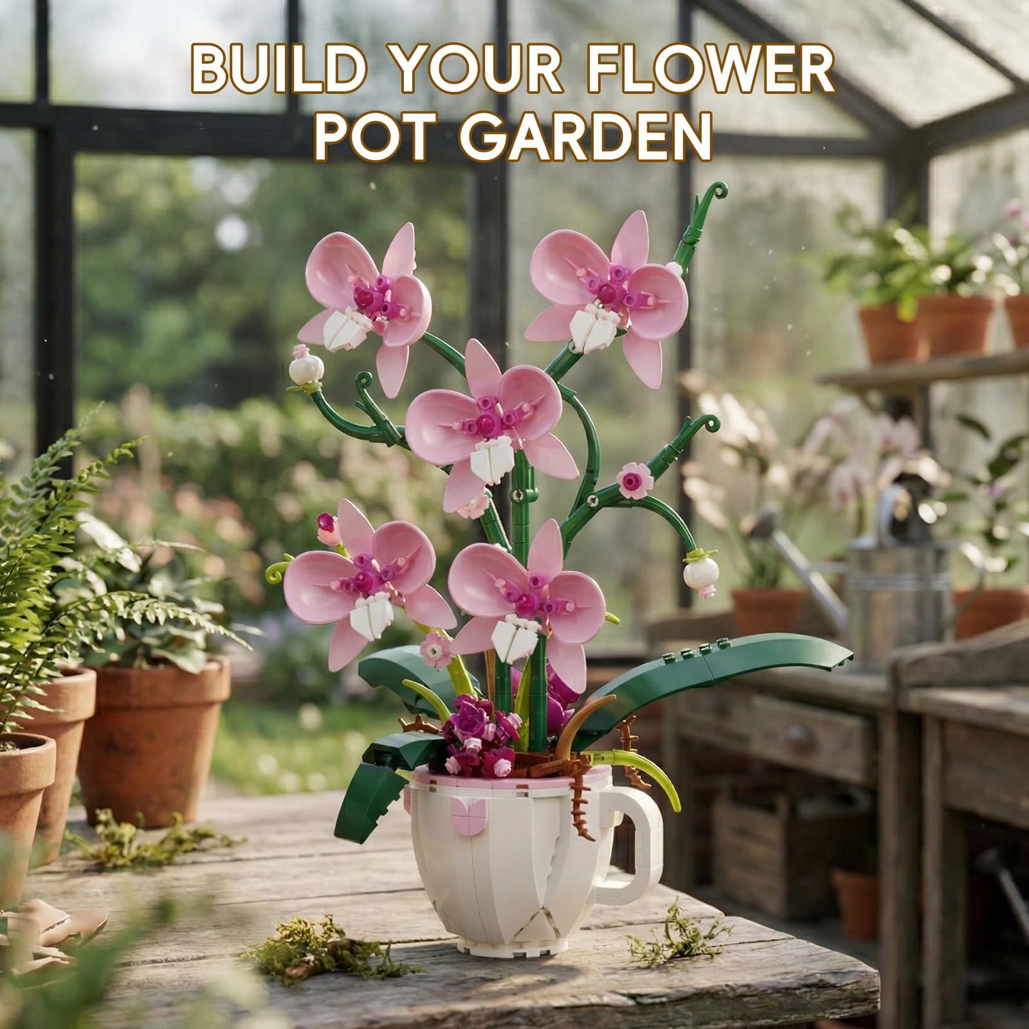 LQPFBSM Pink Orchid Flower Building Block Set in Coffee Cup 567 Pcs Botanical Bouquet Building Kit Elegant Home Office Desk Decor Creative Plant Craft