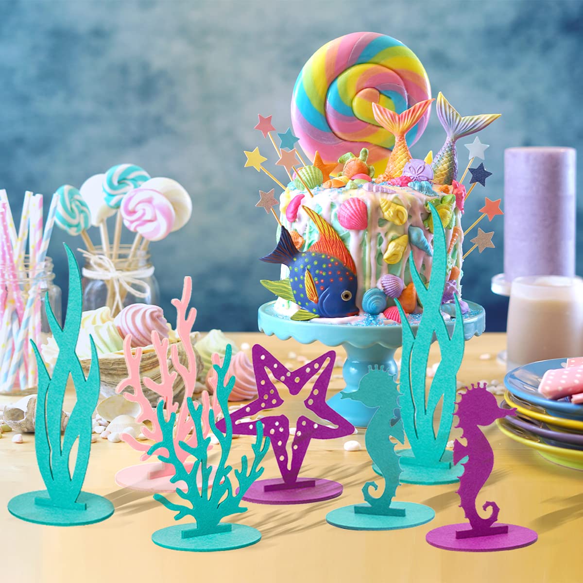 DECHISY 24 Pcs Mermaid Birthday Table Decorations Felt Table Centerpiece