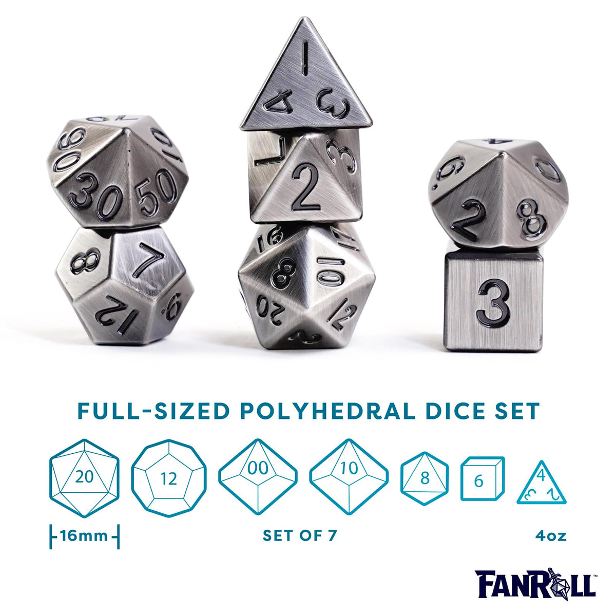 FanRoll 16mm Metal Polyhedral DND Dice Set: Antique Silver, Role Playing Game Dice for Dungeons and Dragons
