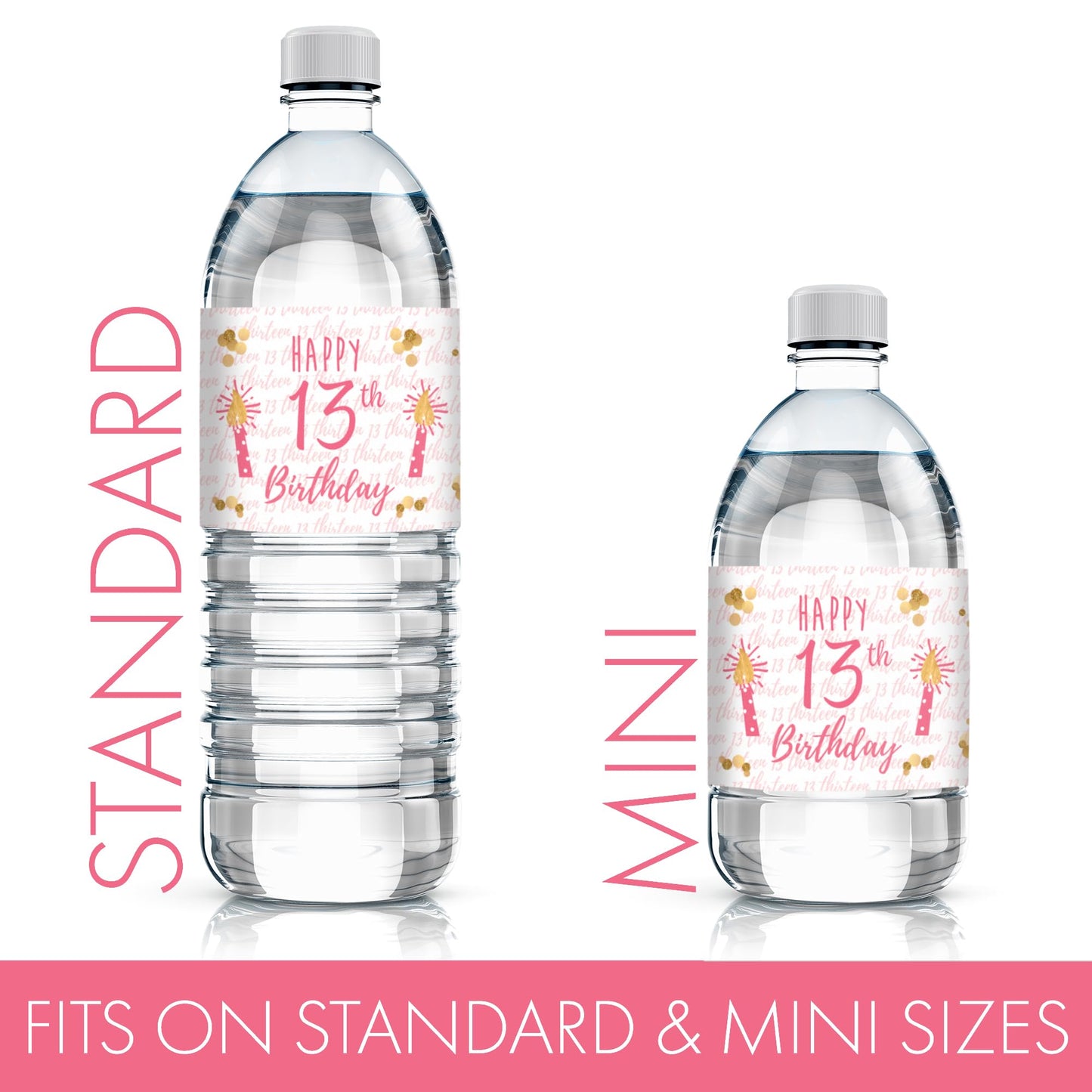 13th Birthday Water Bottle Labels - 20 Pink & Gold Waterproof Stickers for Girls Birthday Party Decorations, Supplies for Teen 13 Year Old Celebration