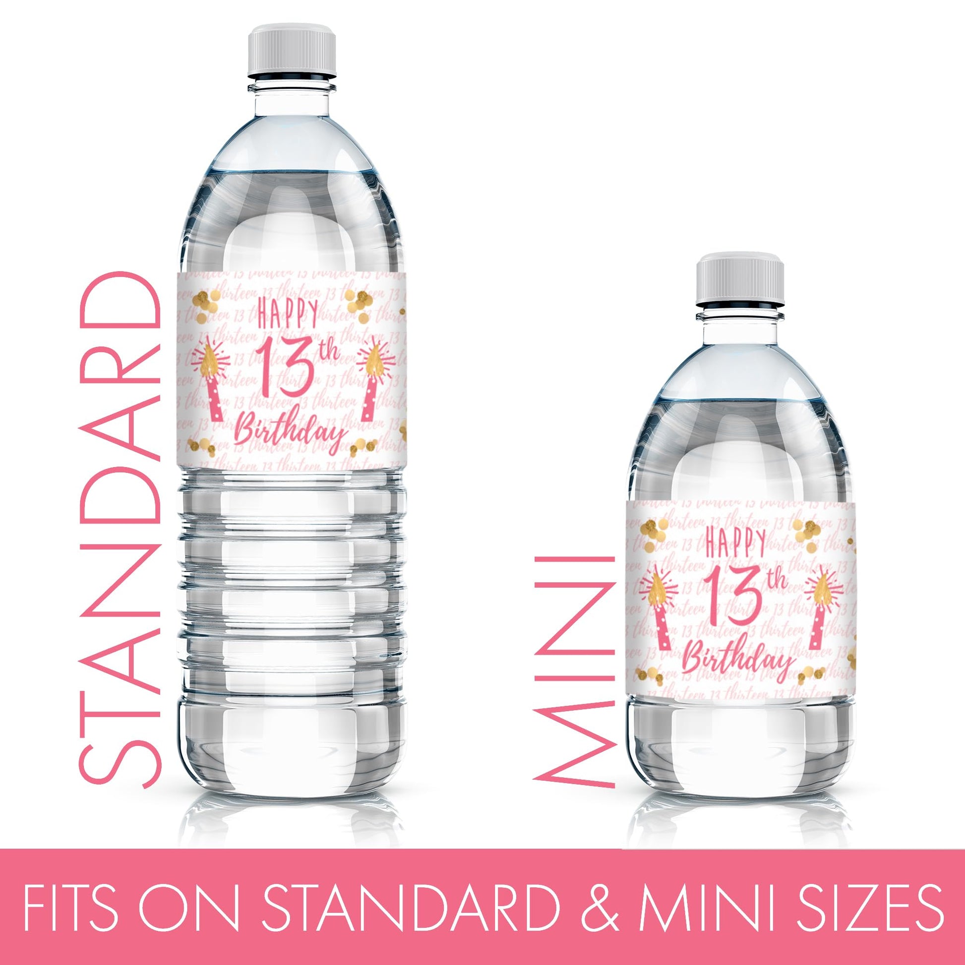 13th Birthday Water Bottle Labels - 20 Pink & Gold Waterproof Stickers for Girls Birthday Party Decorations, Supplies for Teen 13 Year Old Celebration