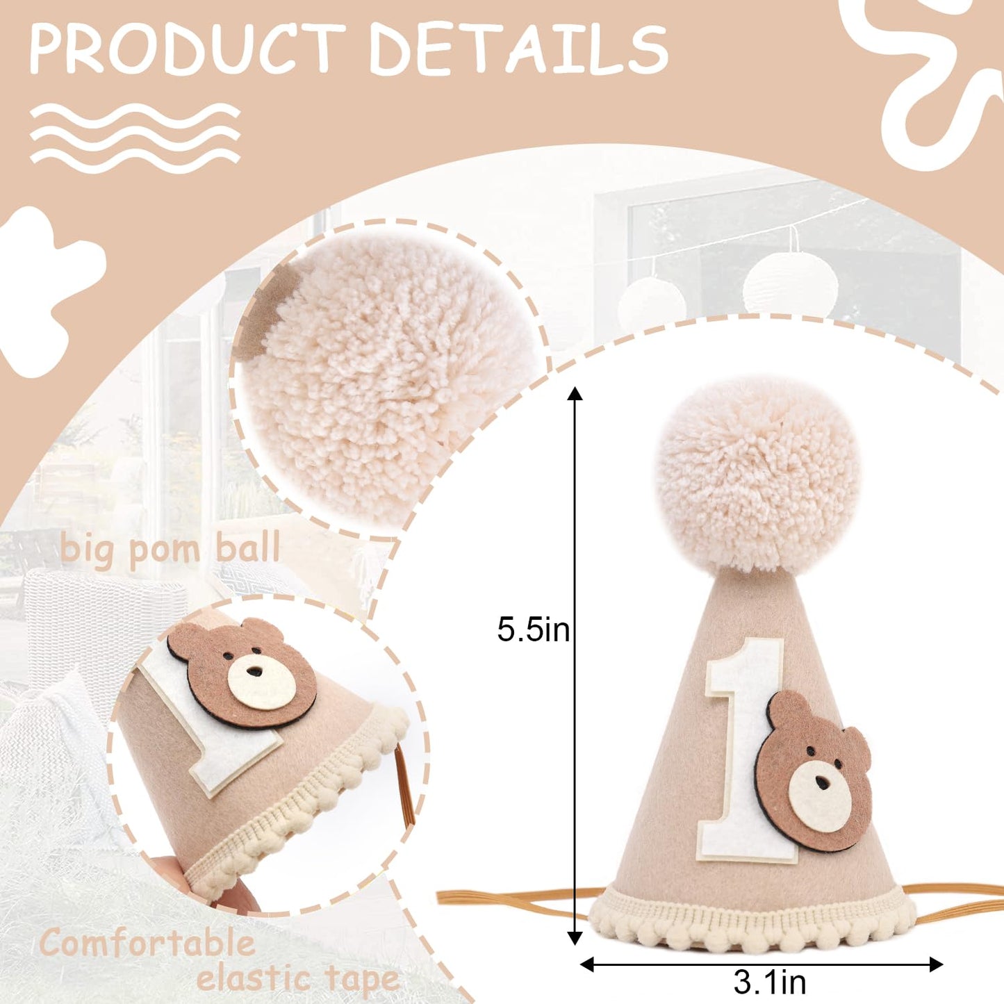 HIKLO Bear 1st Birthday Hat - Beary First Birthday Cone Hat, Woodland Party Decoration, One Happy Camper Party Supplies, Bear Theme Photo Props Cake