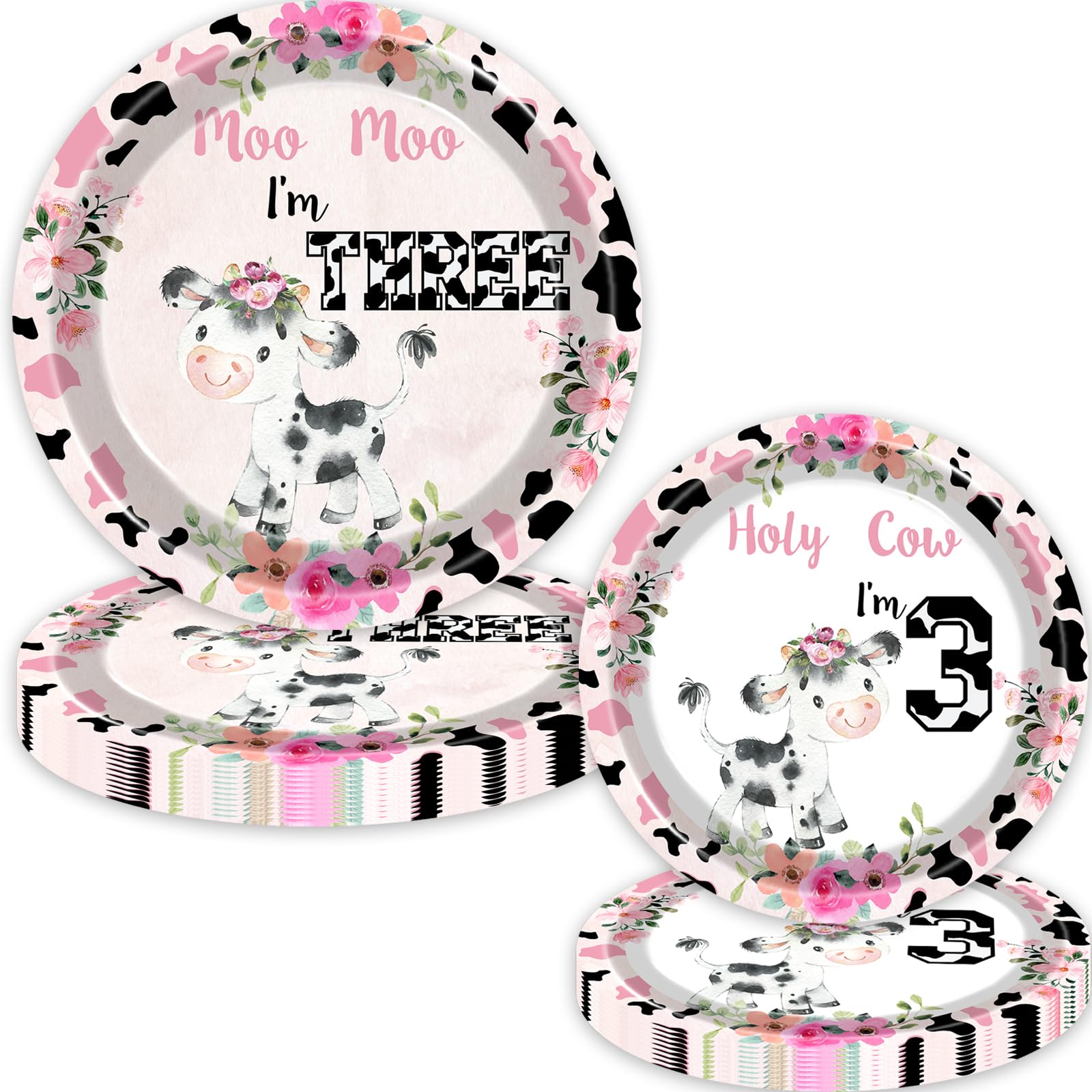 80 Pcs Holy Cow I'm Three Girls Birthday Decorations Moo Moo I'm Three Paper Dinner Plates Napkins Forks Dinnerware for Farm Animals Cow Themed Girls